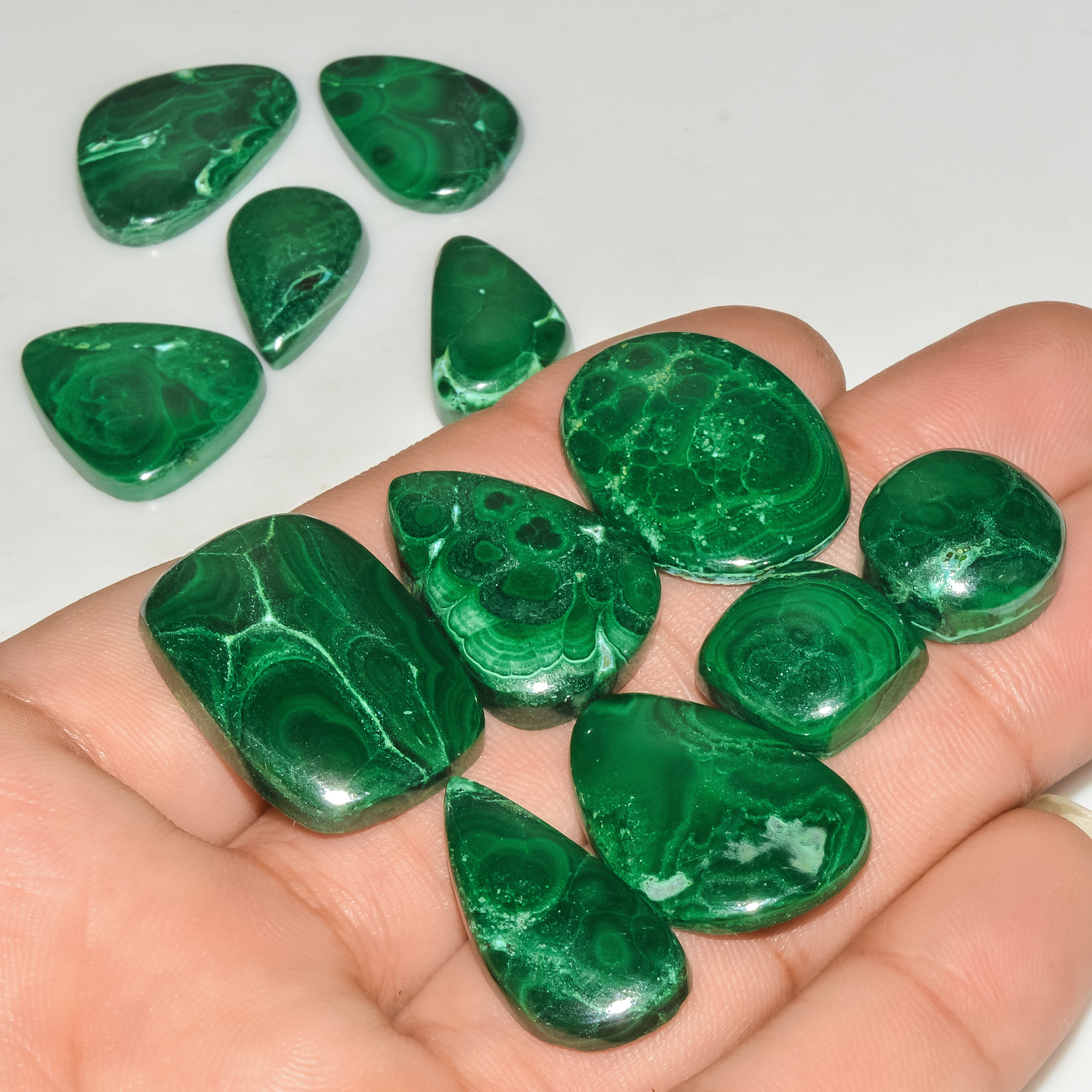 12 Pcs 233 Cts Green Malachite AAA Quality Natural Gemstone Cabochon Lot For Pendants 25x16 14x14mm 18114