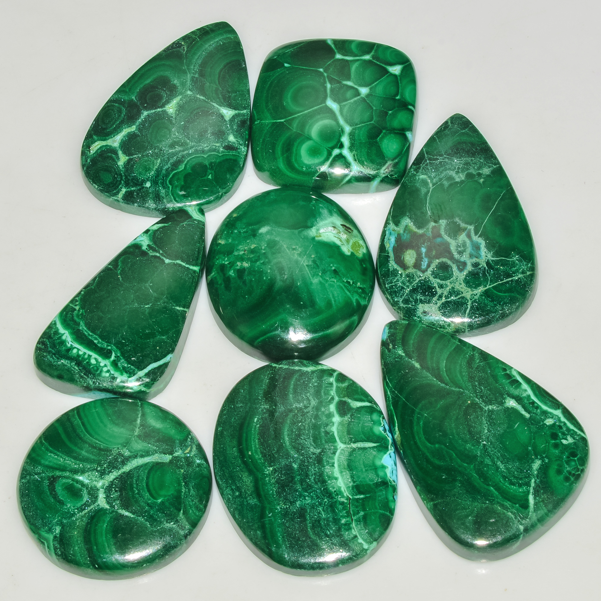 8 Pcs 270 Cts Green Malachite AAA Quality Natural Gemstone Cabochon Lot For Pendants 34x20 20x20mm 18115