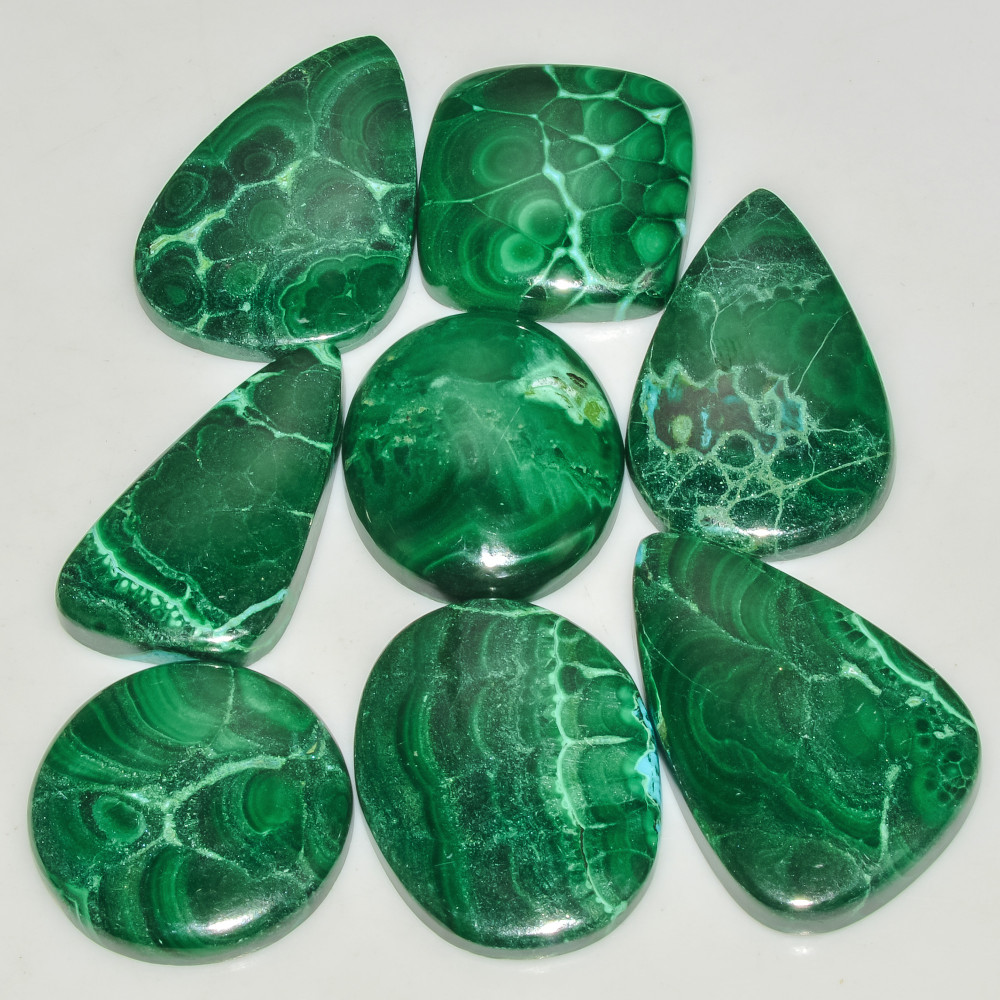 Image of 8 Pcs 270 Cts Green Malachite AAA Quality Natural Gemstone Cabochon Lot For Pendants 34x20 20x20mm #18115