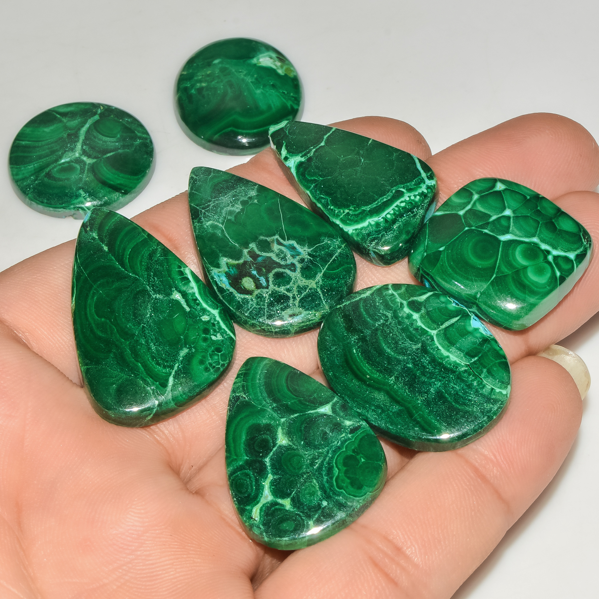 8 Pcs 270 Cts Green Malachite AAA Quality Natural Gemstone Cabochon Lot For Pendants 34x20 20x20mm 18115