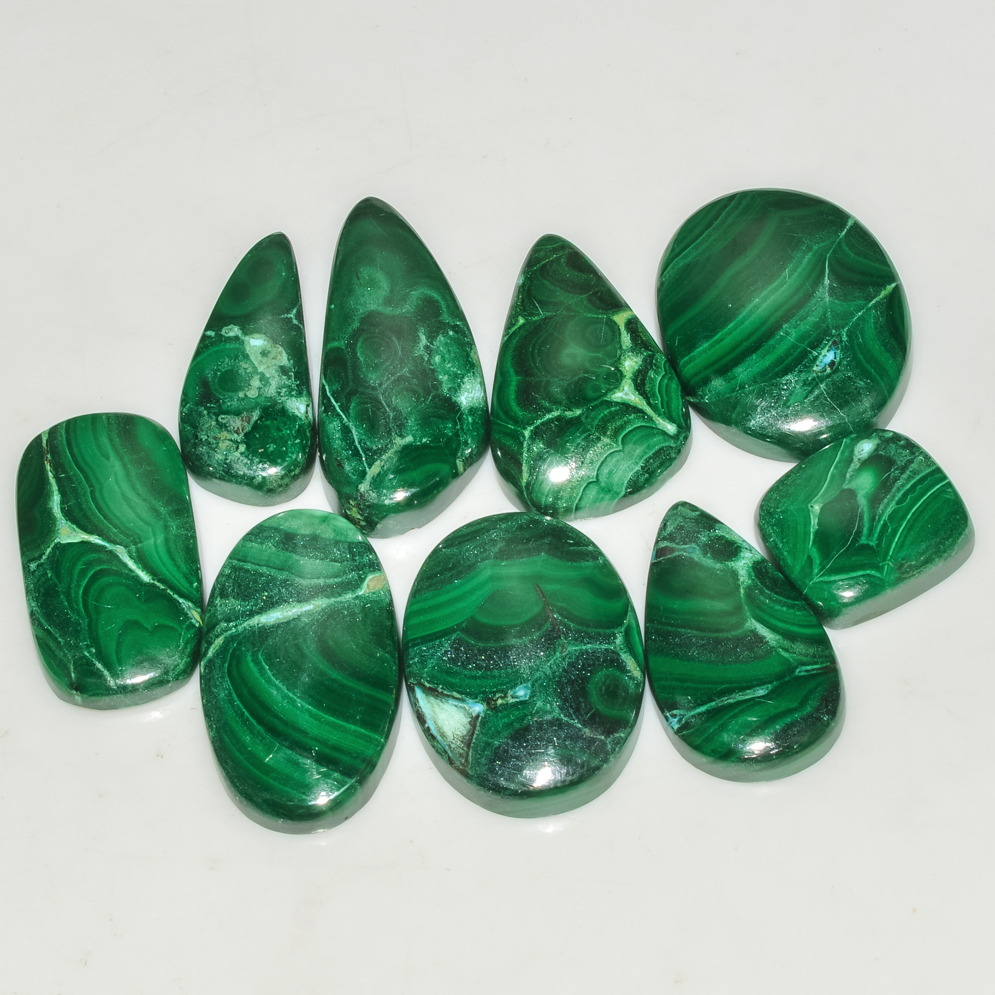9 Pcs 210 Cts Green Malachite AAA Quality Natural Gemstone Cabochon Lot For Pendants 29x12 14x12mm 18117