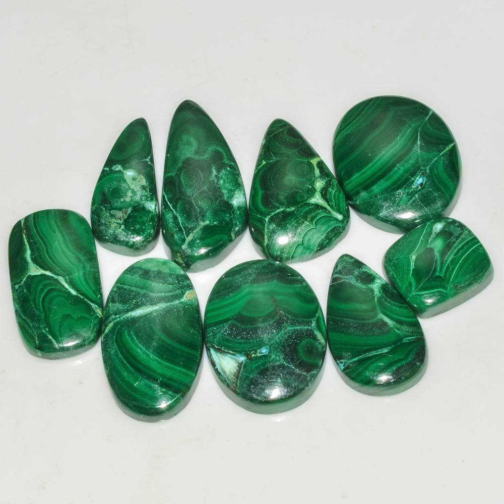 Image of 9 Pcs 210 Cts Green Malachite AAA Quality Natural Gemstone Cabochon Lot For Pendants 29x12 14x12mm #18117