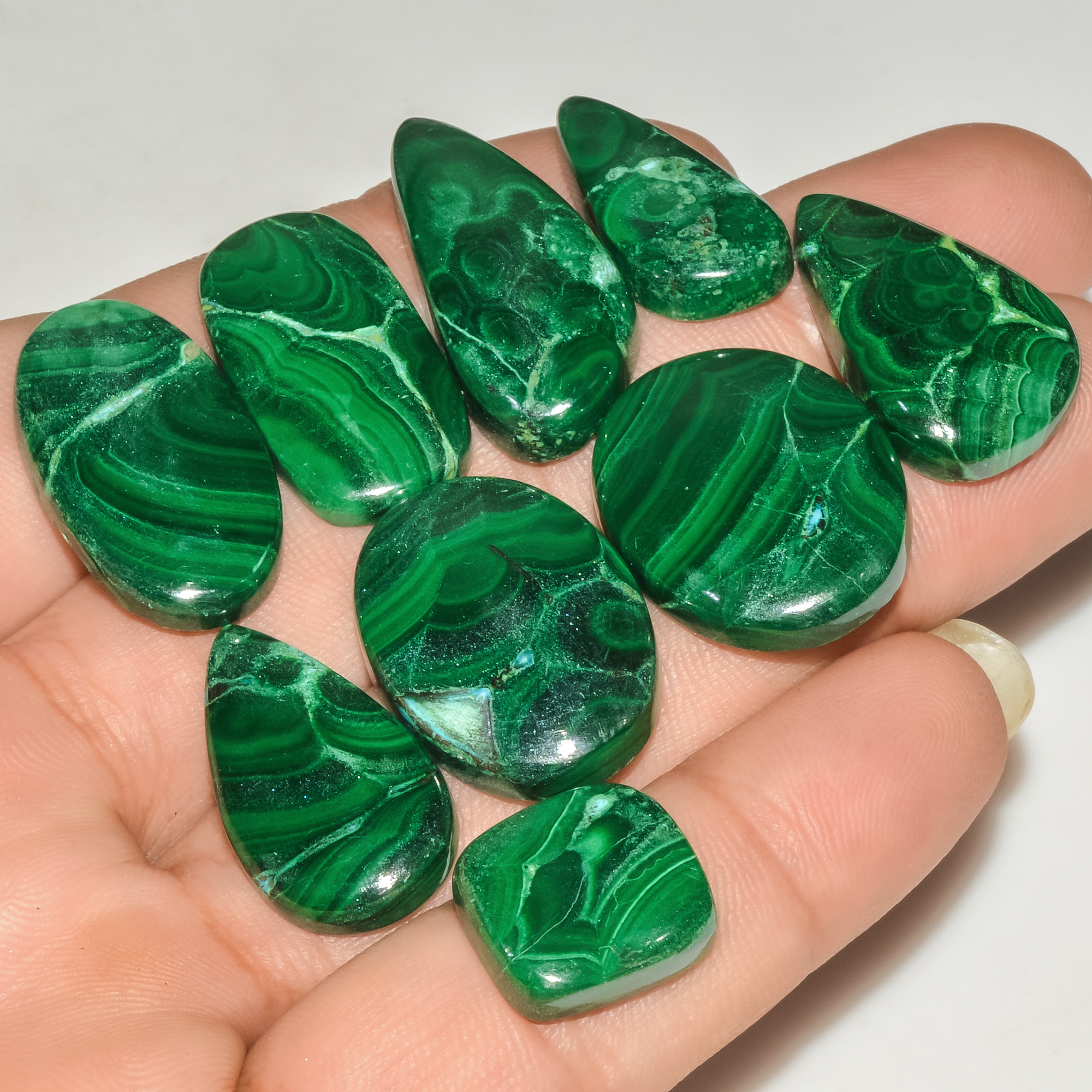 9 Pcs 210 Cts Green Malachite AAA Quality Natural Gemstone Cabochon Lot For Pendants 29x12 14x12mm 18117