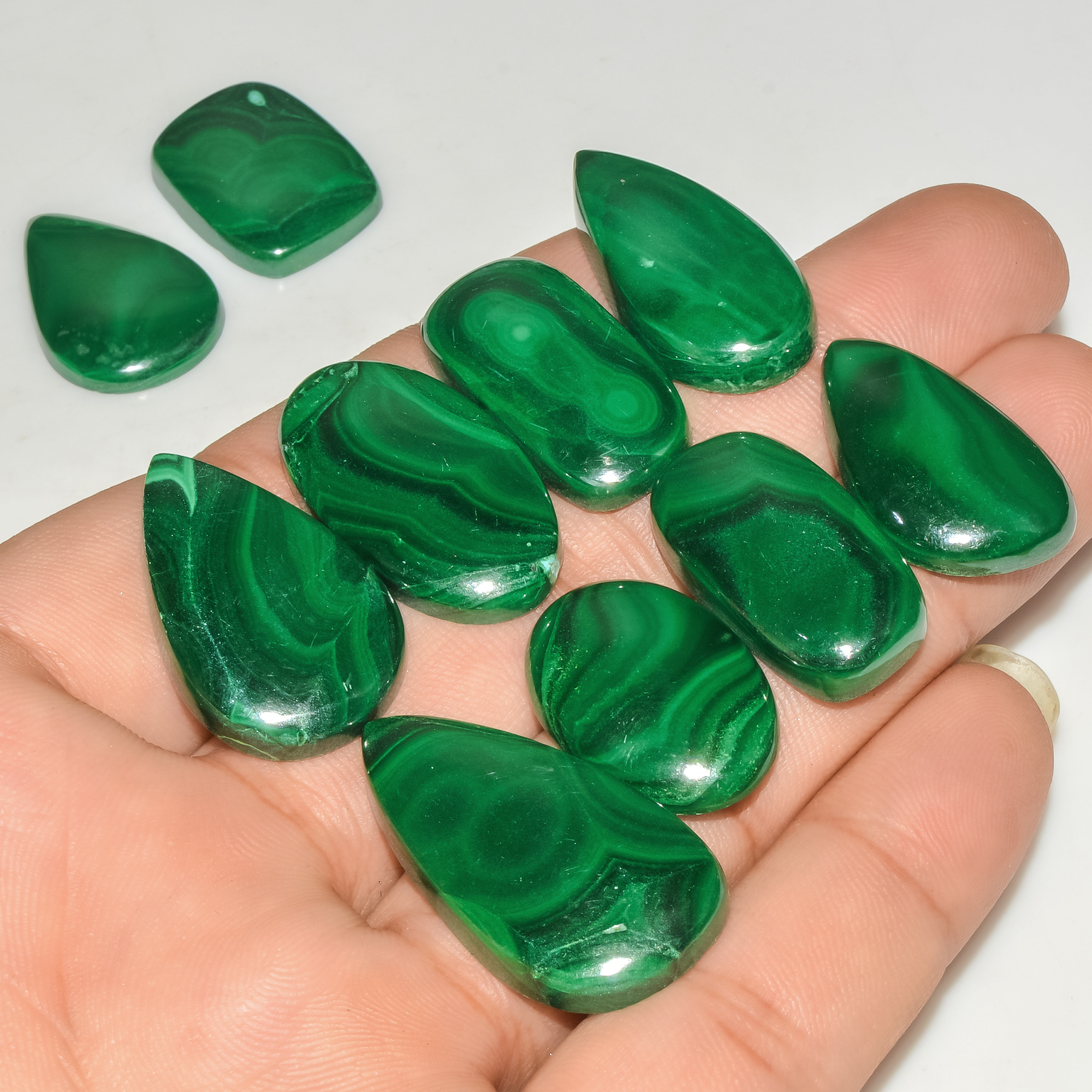 10 Pcs 247 Cts Green Malachite AAA Quality Natural Gemstone Cabochon Lot For Pendants 30x15 20x15mm 18118