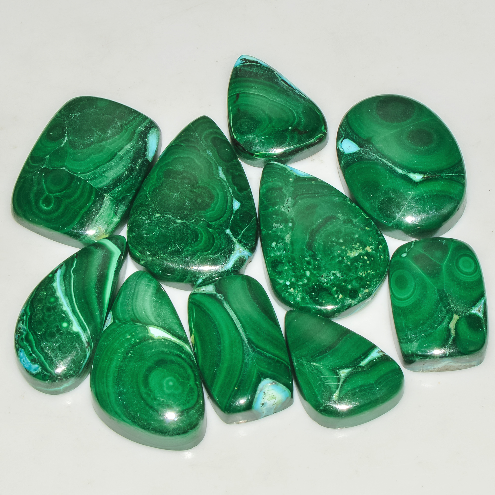 10 Pcs 292 Cts Green Malachite AAA Quality Natural Gemstone Cabochon Lot For Pendants 30x20 20x14mm 18120