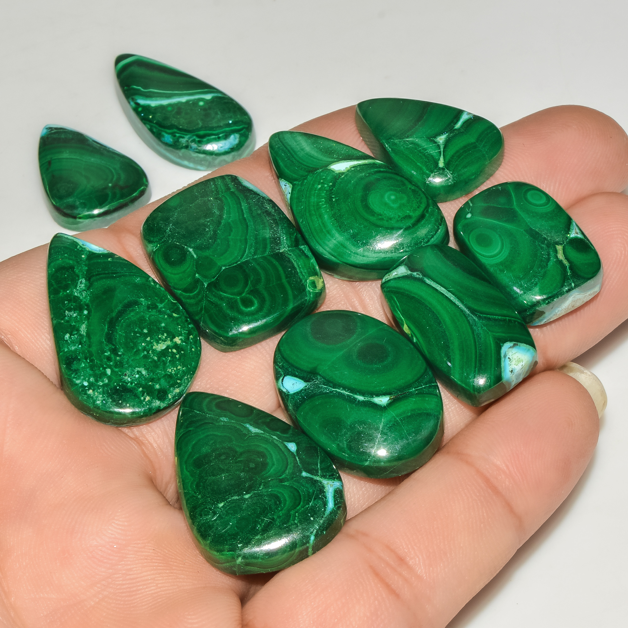 10 Pcs 292 Cts Green Malachite AAA Quality Natural Gemstone Cabochon Lot For Pendants 30x20 20x14mm 18120