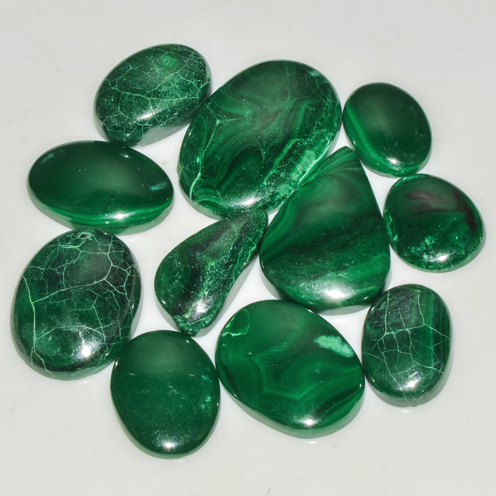 Image of 11 Pcs 202 Cts Green Malachite AAA Quality Natural Gemstone Cabochon Lot For Pendants 29x19 15x11mm #18121