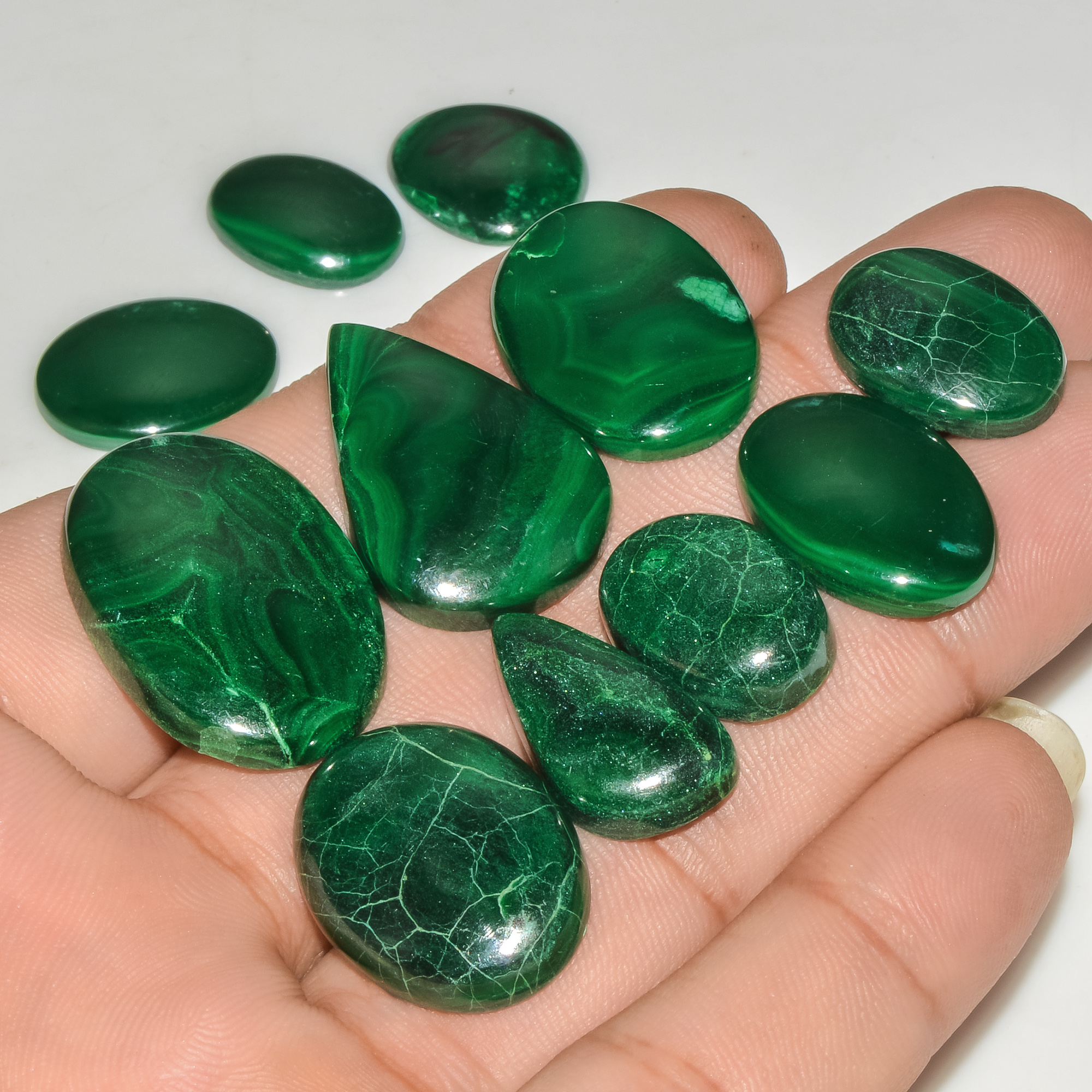 11 Pcs 202 Cts Green Malachite AAA Quality Natural Gemstone Cabochon Lot For Pendants 29x19 15x11mm 18121