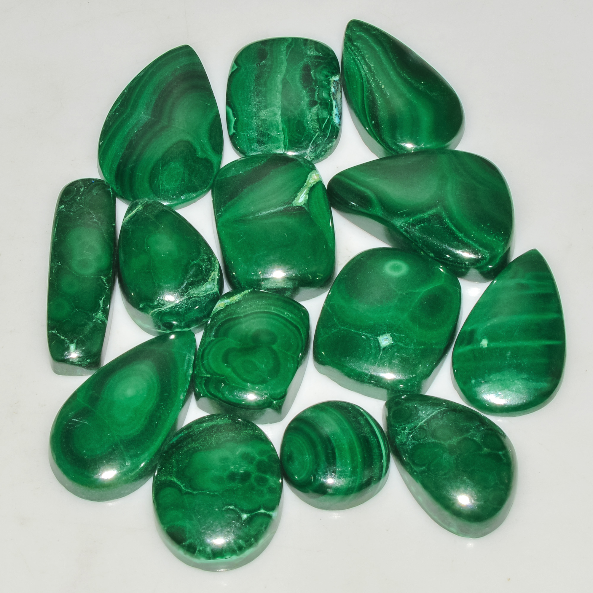14 Pcs 201 Cts Green Malachite AAA Quality Natural Gemstone Cabochon Lot For Pendants 25x5 10x10mm 18122