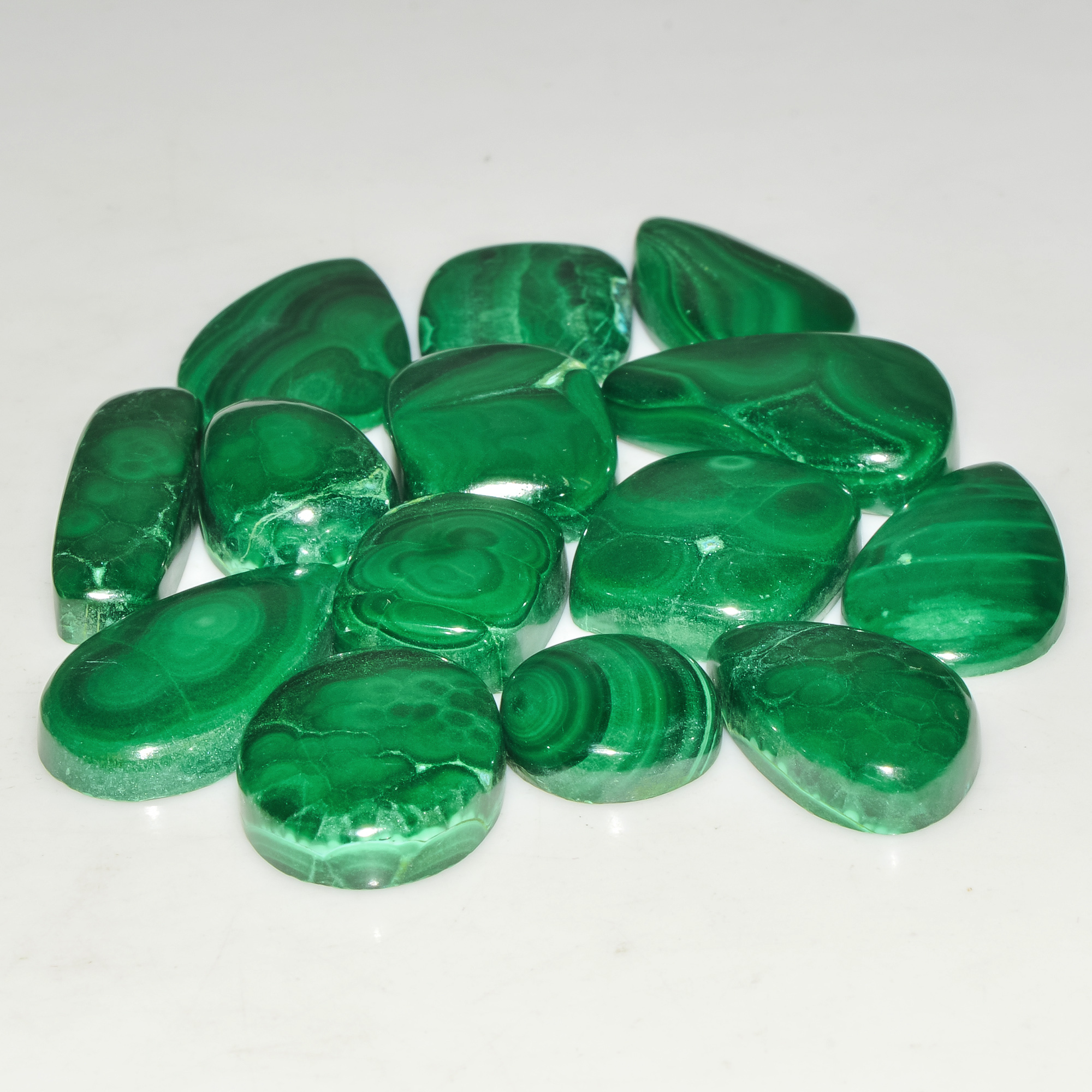 14 Pcs 201 Cts Green Malachite AAA Quality Natural Gemstone Cabochon Lot For Pendants 25x5 10x10mm 18122