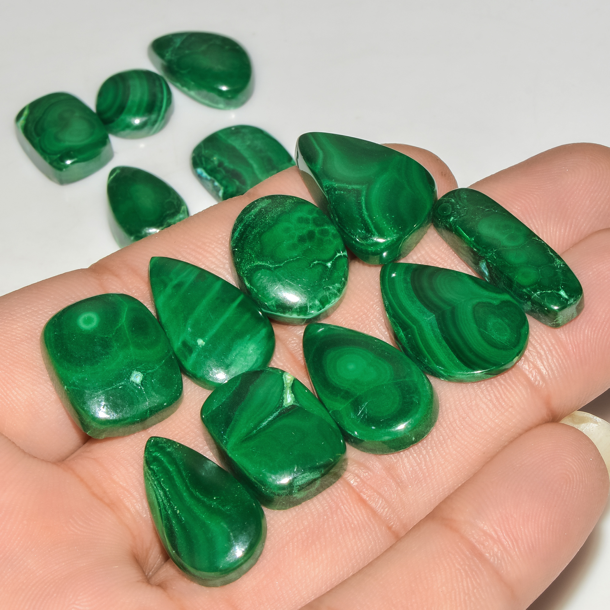 14 Pcs 201 Cts Green Malachite AAA Quality Natural Gemstone Cabochon Lot For Pendants 25x5 10x10mm 18122