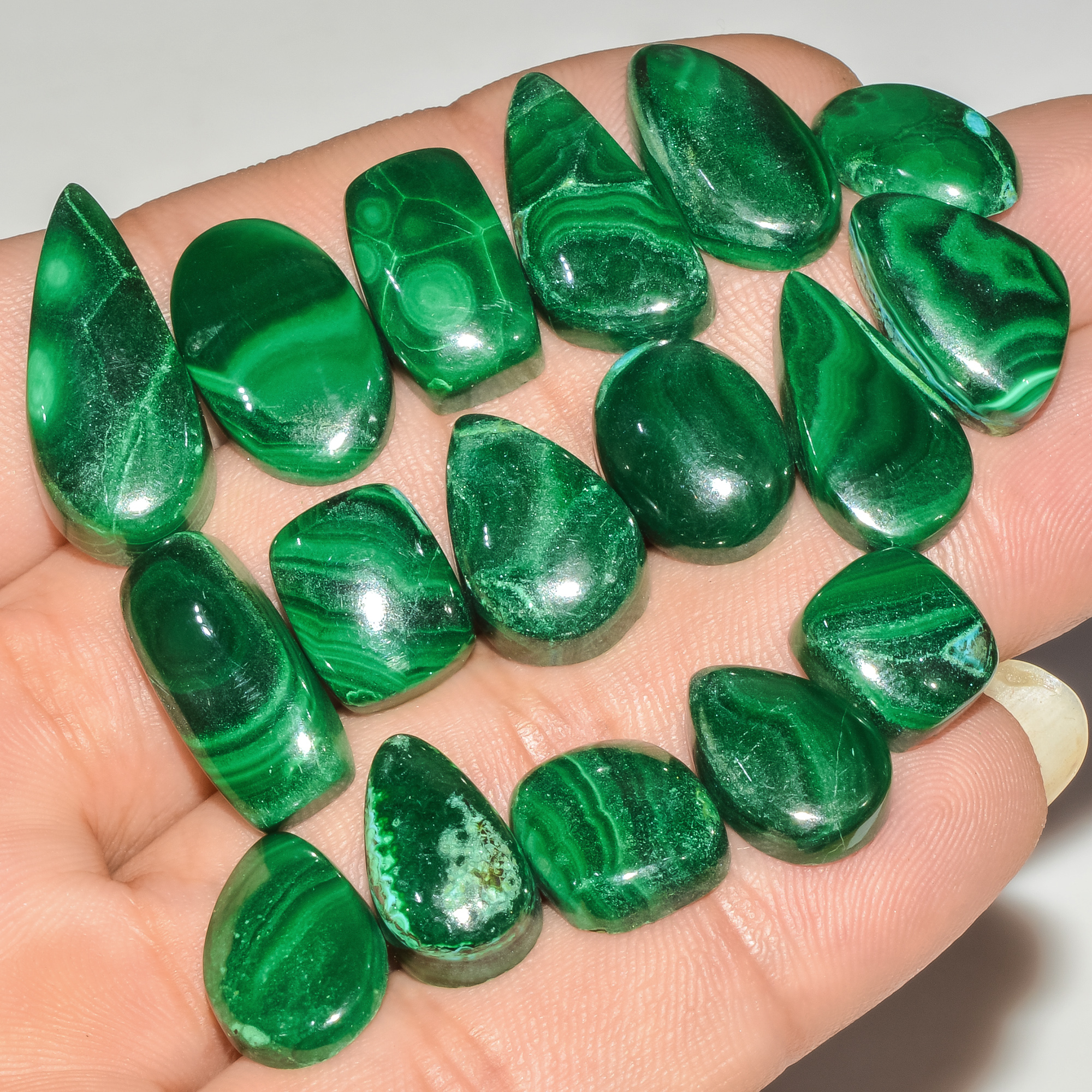 17 Pcs 189 Cts Green Malachite AAA Quality Natural Gemstone Cabochon Lot For Pendants 24x10 10x9mm 18123