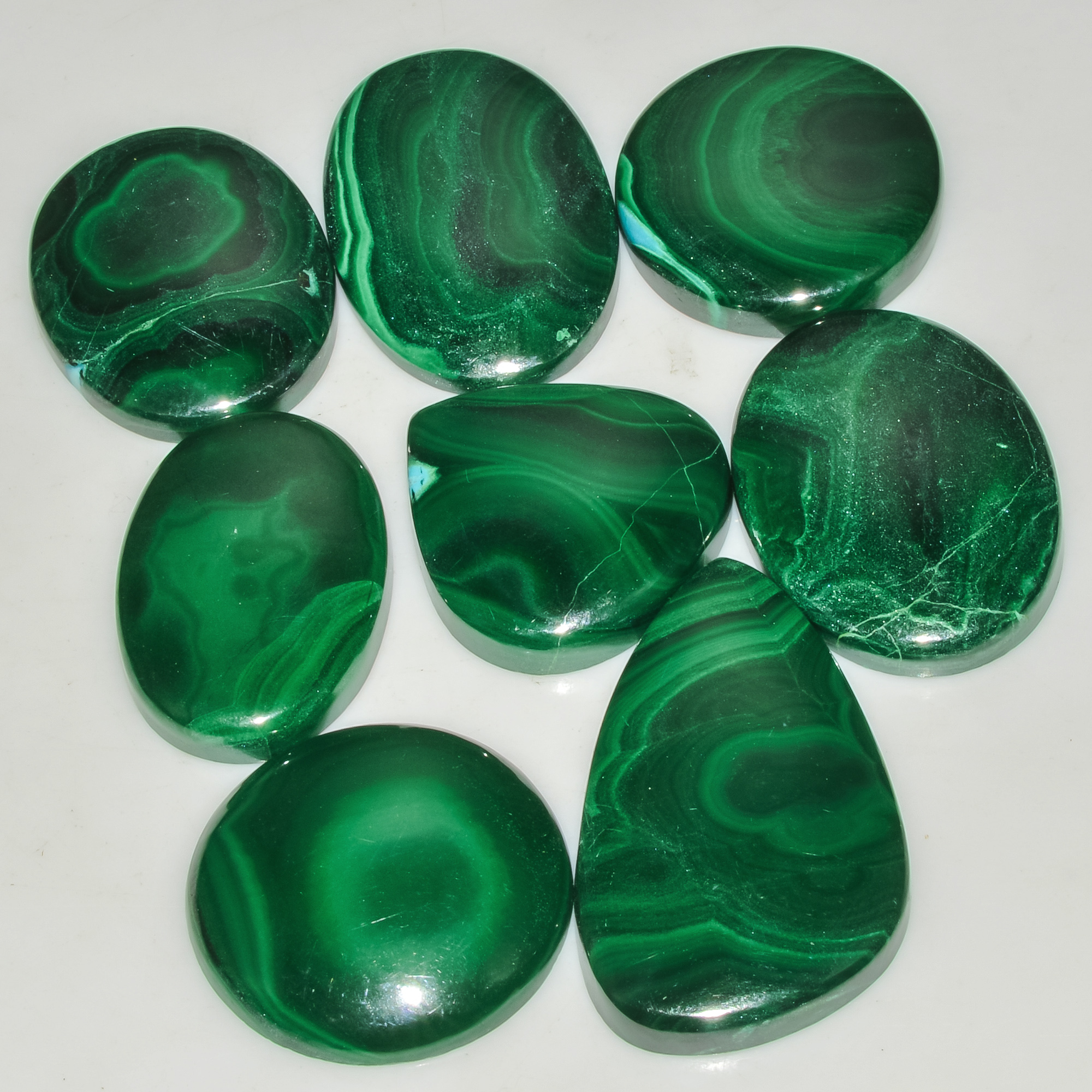8 Pcs 349 Cts Green Malachite AAA Quality Natural Gemstone Cabochon Lot For Pendants 37x20 23x23mm 18124