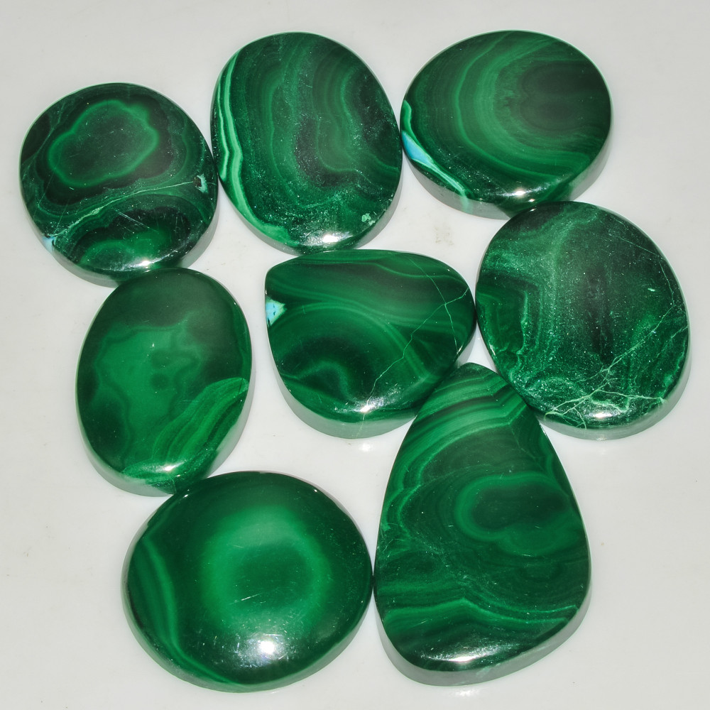 Image of 8 Pcs 349 Cts Green Malachite AAA Quality Natural Gemstone Cabochon Lot For Pendants 37x20 23x23mm #18124