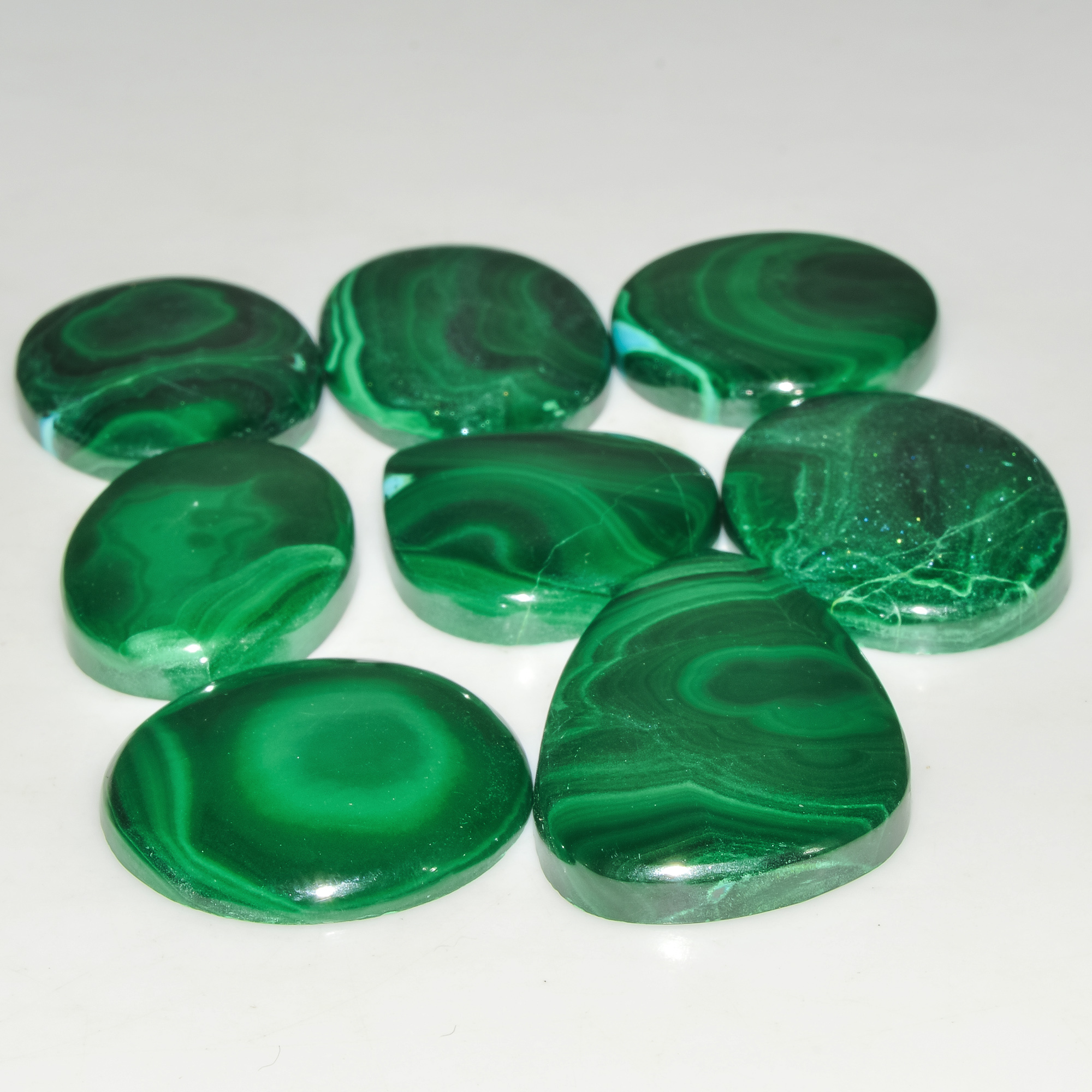 8 Pcs 349 Cts Green Malachite AAA Quality Natural Gemstone Cabochon Lot For Pendants 37x20 23x23mm 18124