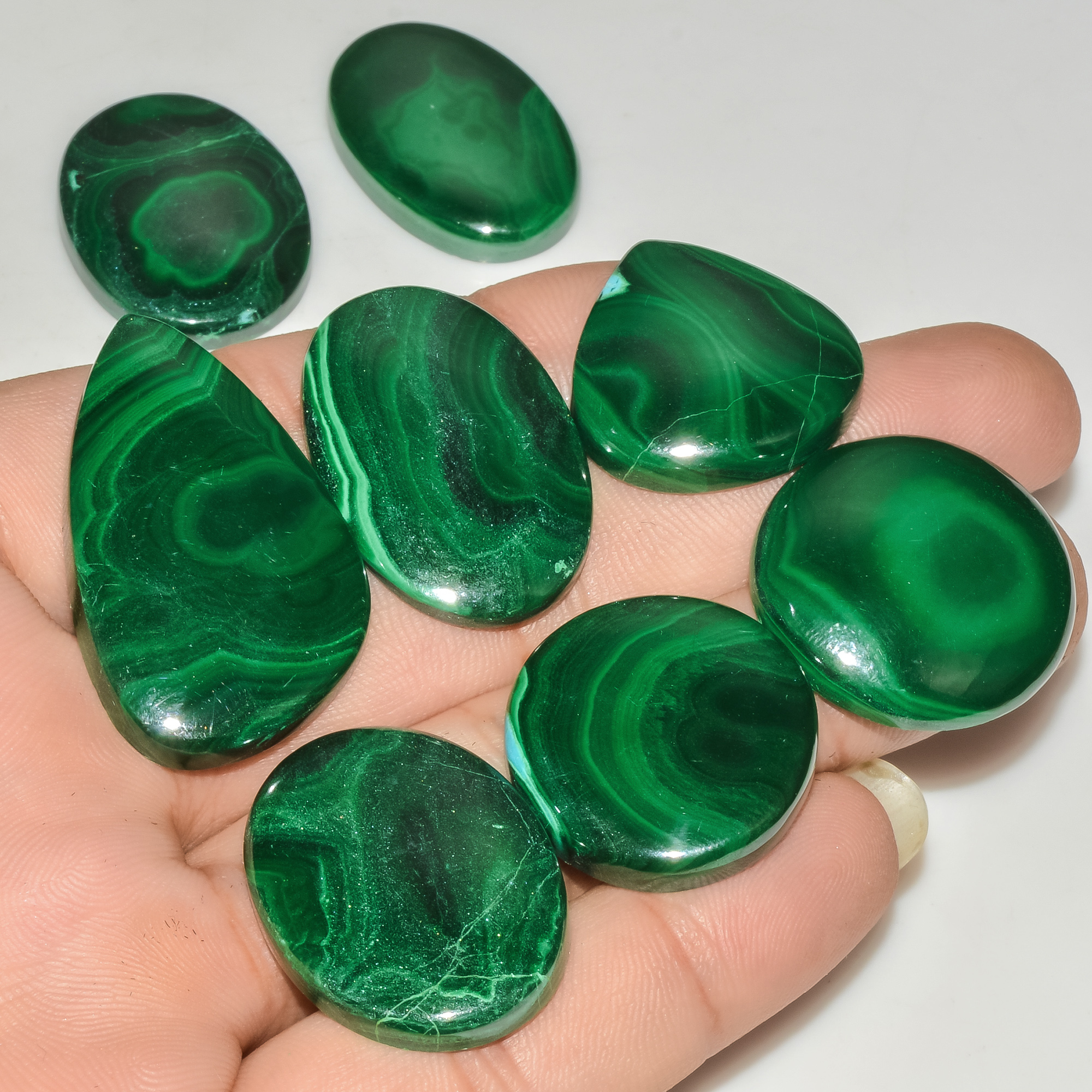 8 Pcs 349 Cts Green Malachite AAA Quality Natural Gemstone Cabochon Lot For Pendants 37x20 23x23mm 18124