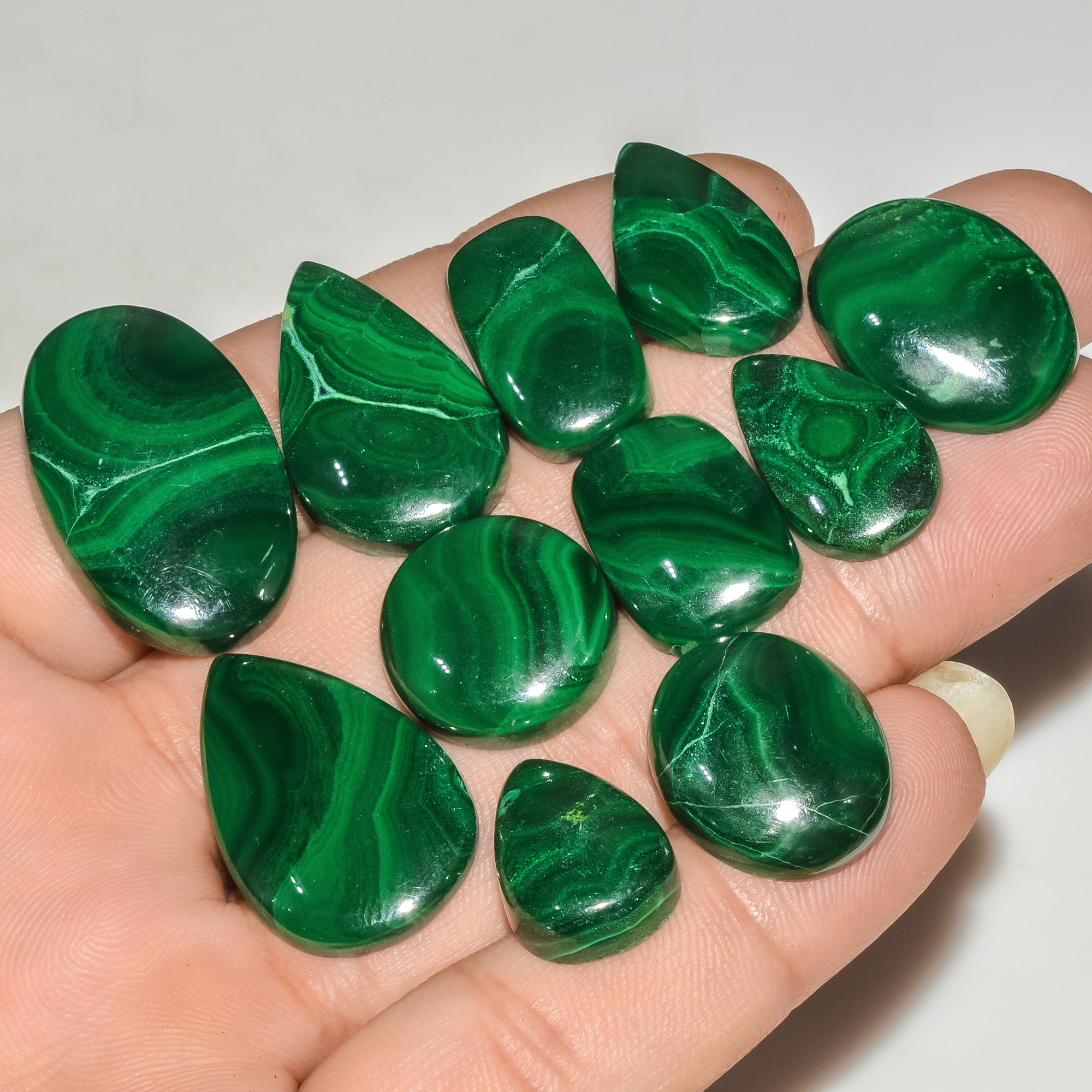 11 Pcs 225 Cts Green Malachite AAA Quality Natural Gemstone Cabochon Lot For Pendants 29x18 17x10mm 18125