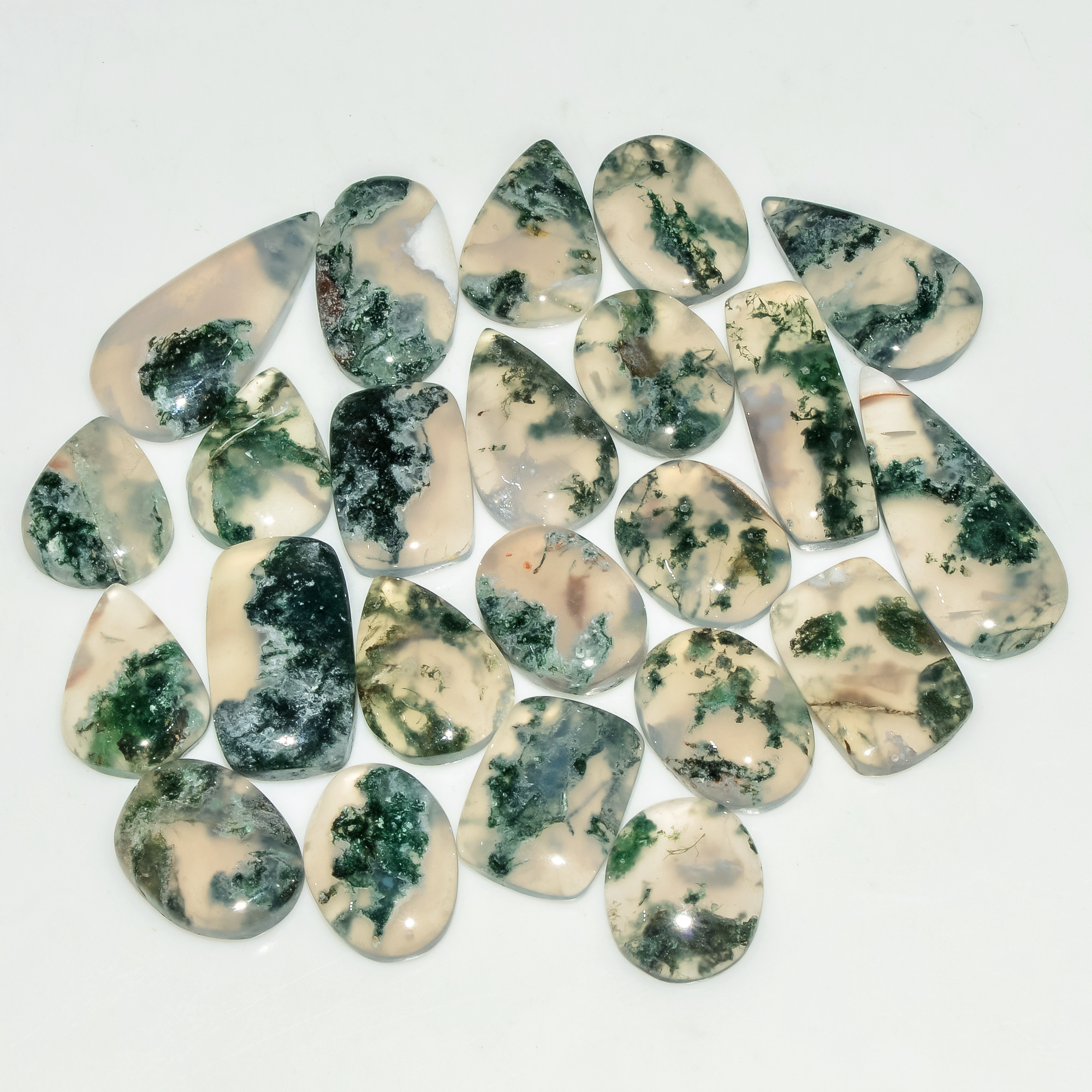 23 Pcs 178 Cts Natural Green Moss Agate Cabochon Loose Gemstone Lot For Jewelry 27x11 14x11mm 18126
