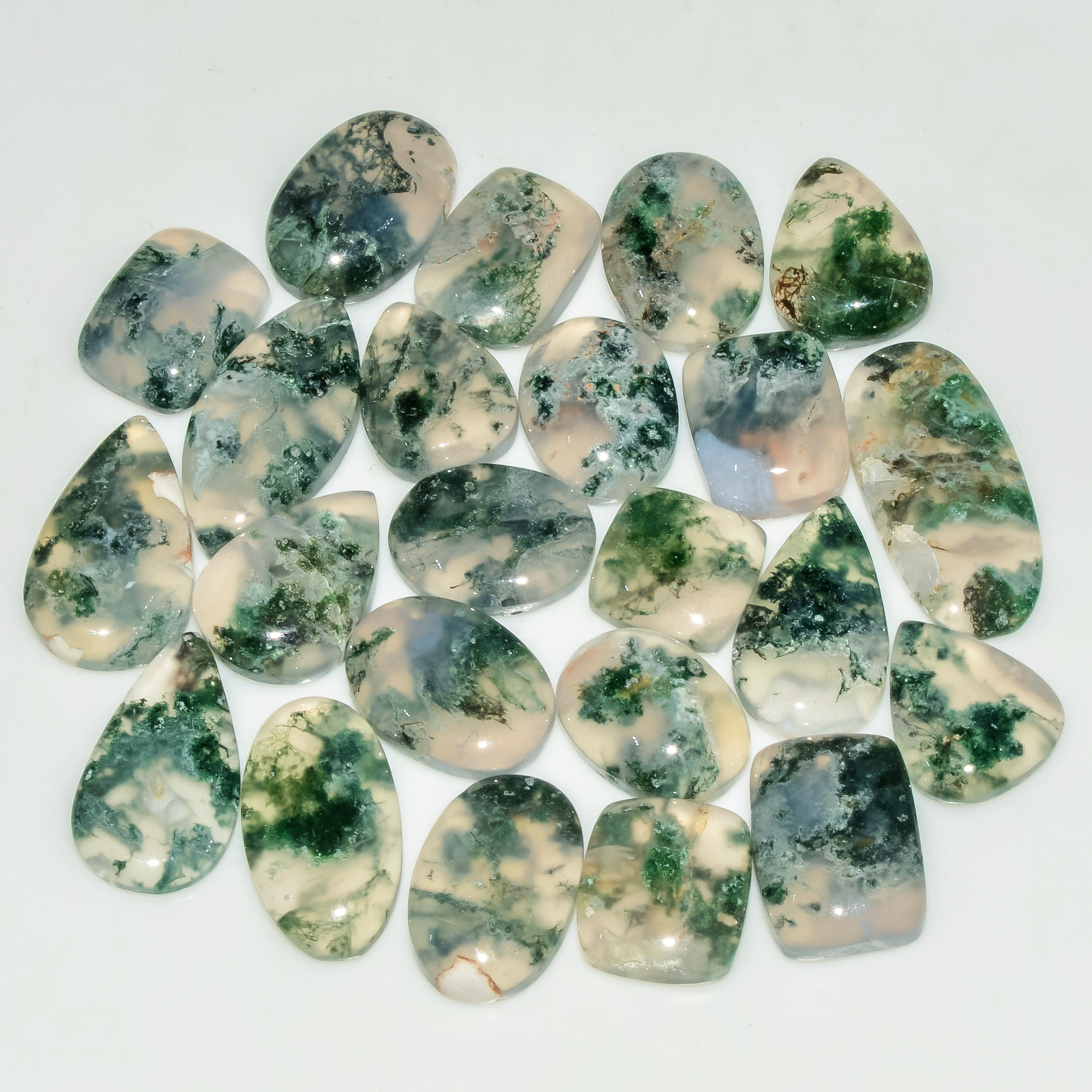 23 Pcs 166 Cts Natural Green Moss Agate Cabochon Loose Gemstone Lot For Jewelry 23x10 14x10mm 18127