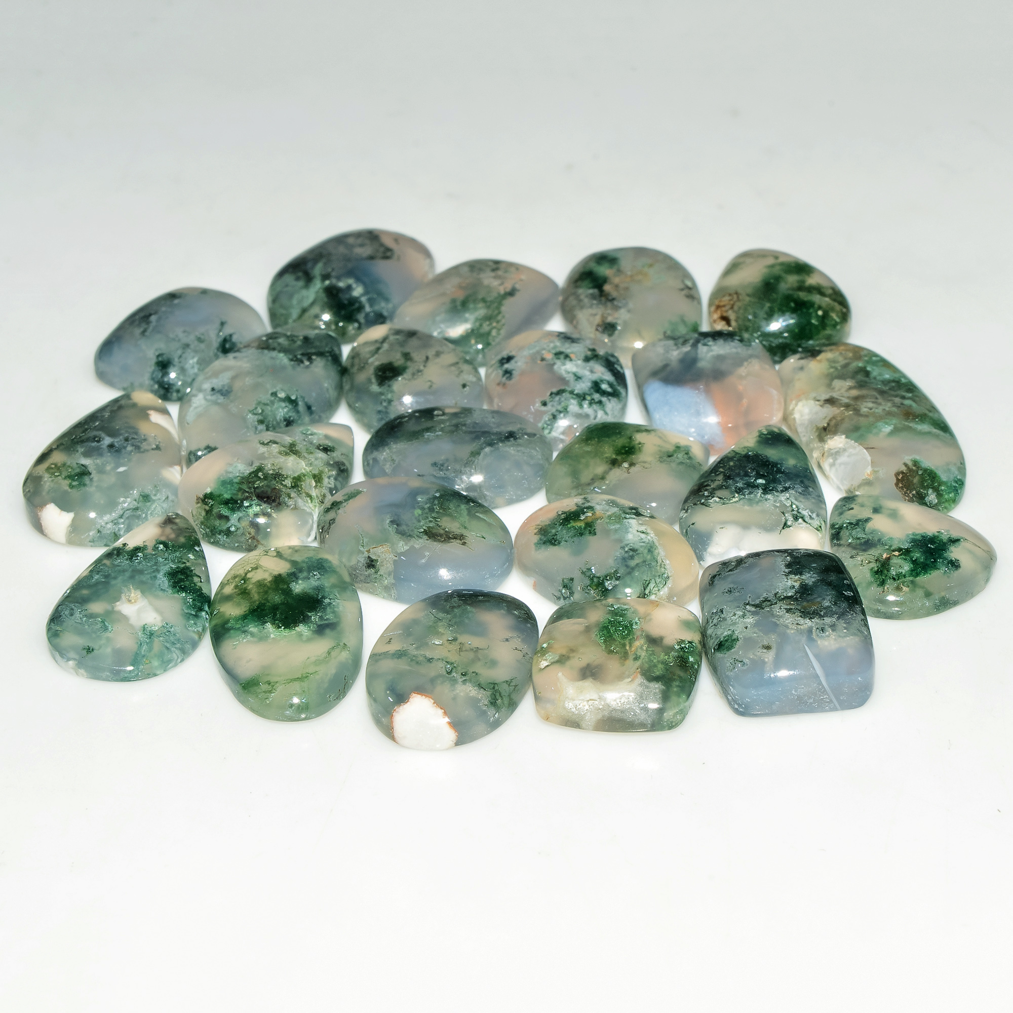 23 Pcs 166 Cts Natural Green Moss Agate Cabochon Loose Gemstone Lot For Jewelry 23x10 14x10mm 18127