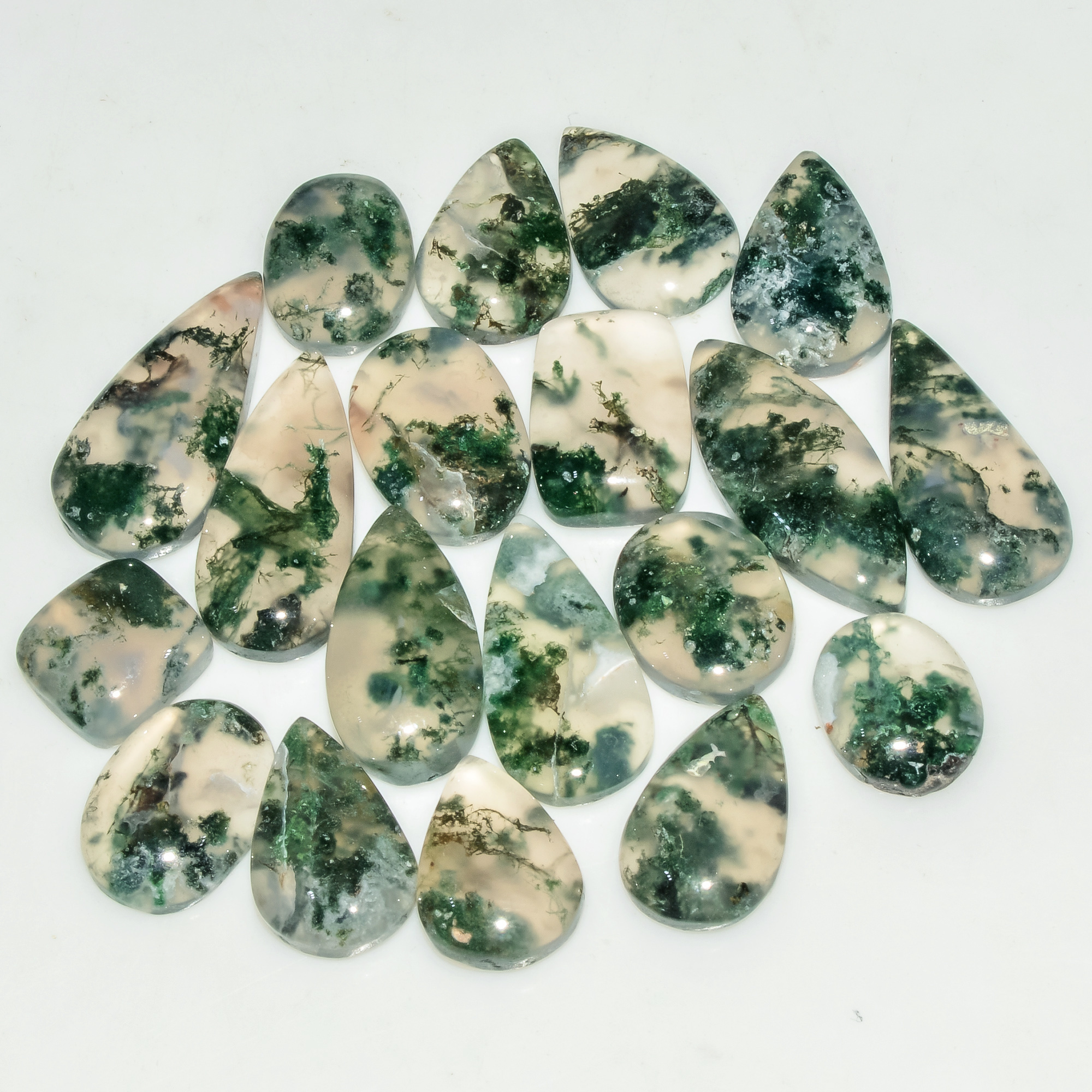 19 Pcs 120 Cts Natural Green Moss Agate Cabochon Loose Gemstone Lot For Jewelry 22x10 10x10mm 18128