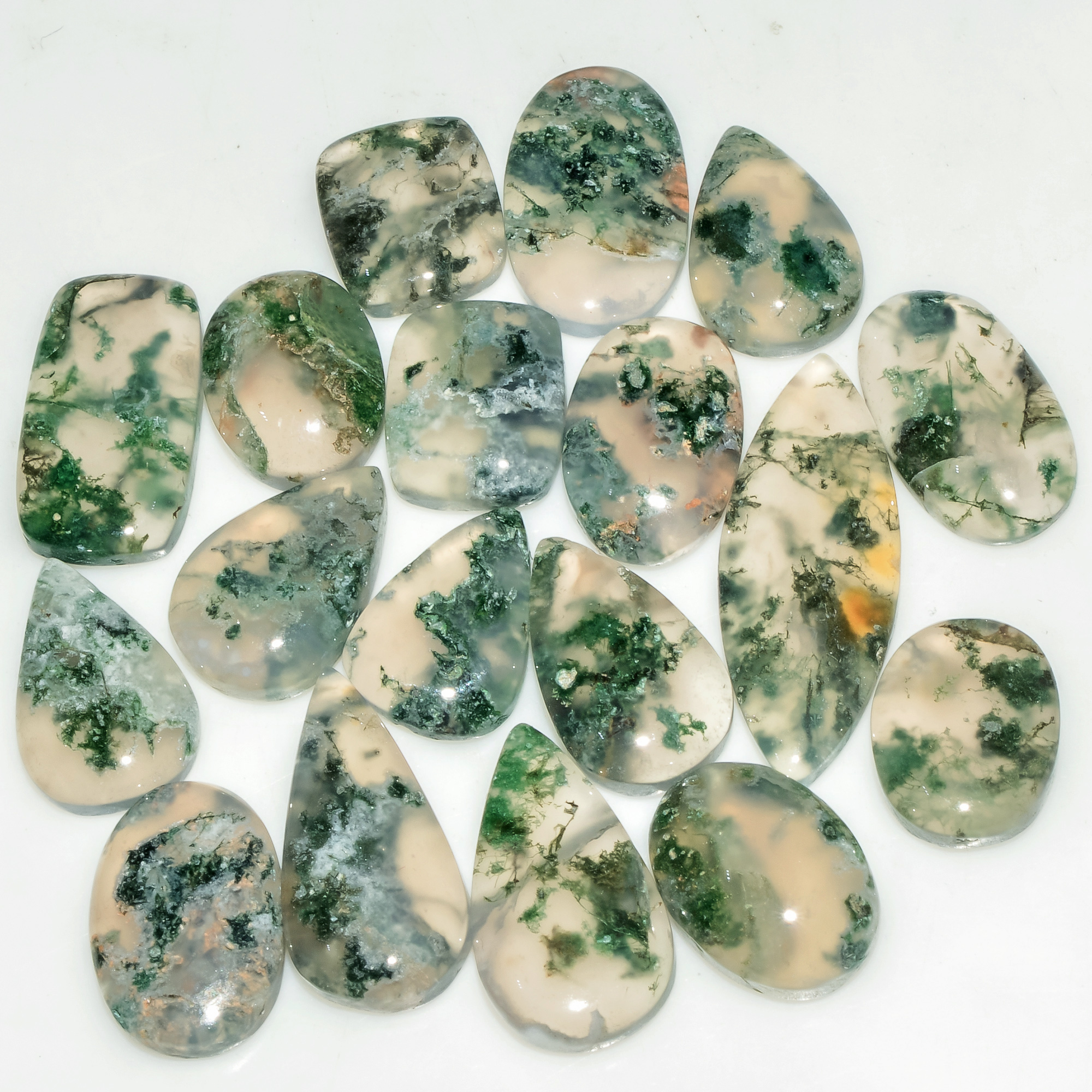 18 Pcs 109 Cts Natural Green Moss Agate Cabochon Loose Gemstone Lot For Jewelry 26x10 12x10mm 18129