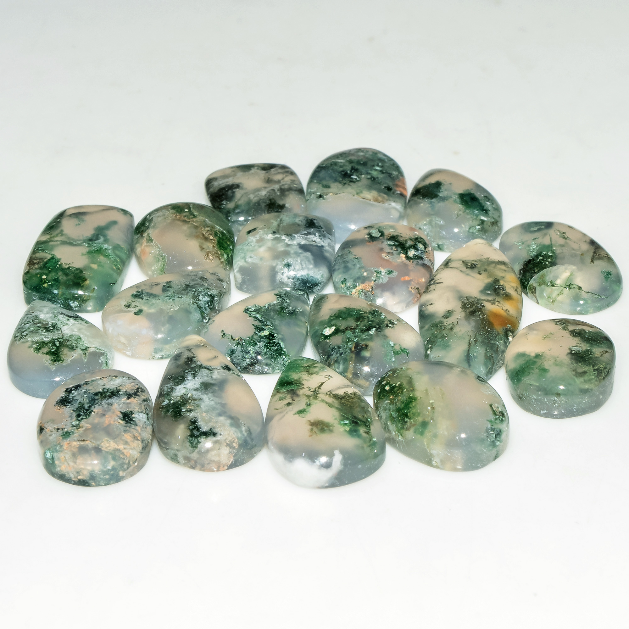 18 Pcs 109 Cts Natural Green Moss Agate Cabochon Loose Gemstone Lot For Jewelry 26x10 12x10mm 18129
