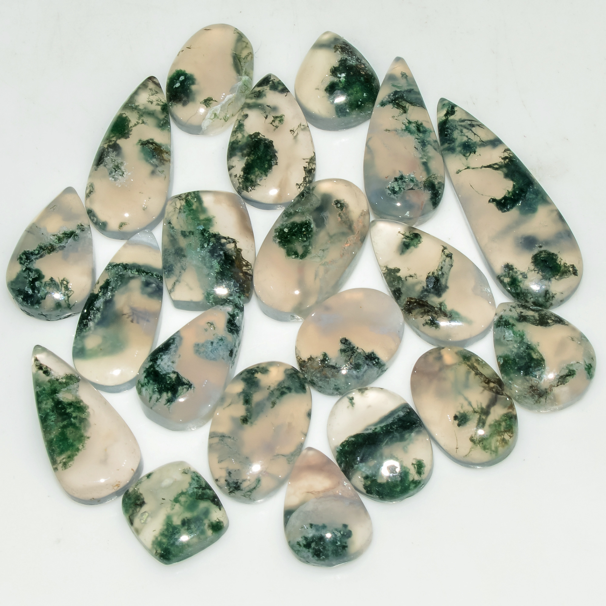 20 Pcs 106 Cts Natural Green Moss Agate Cabochon Loose Gemstone Lot For Jewelry 26x9 9x9mm 18130