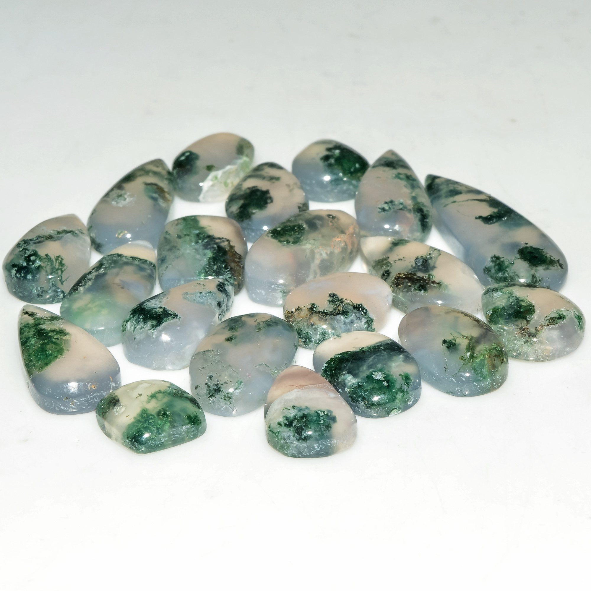 20 Pcs 106 Cts Natural Green Moss Agate Cabochon Loose Gemstone Lot For Jewelry 26x9 9x9mm 18130