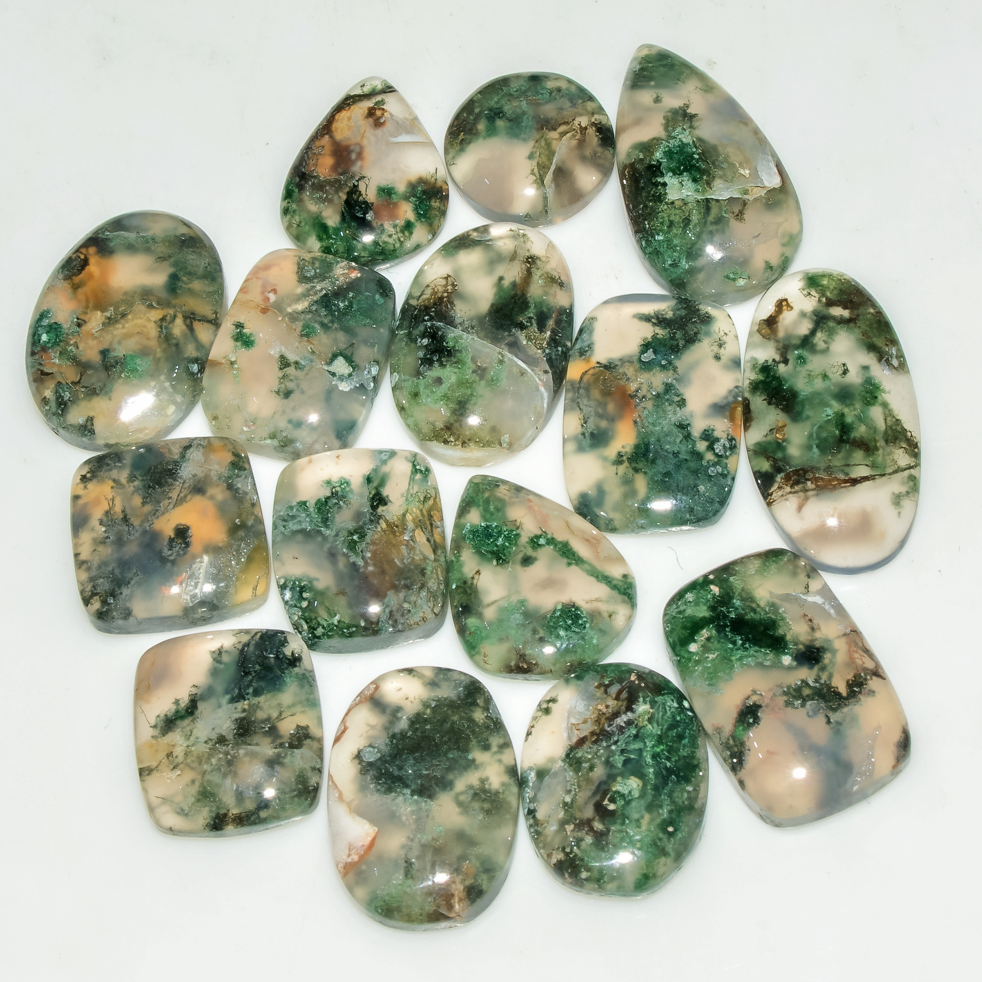 15 Pcs 133 Cts Natural Green Moss Agate Cabochon Loose Gemstone Lot For Jewelry 23x12 11x11mm 18131