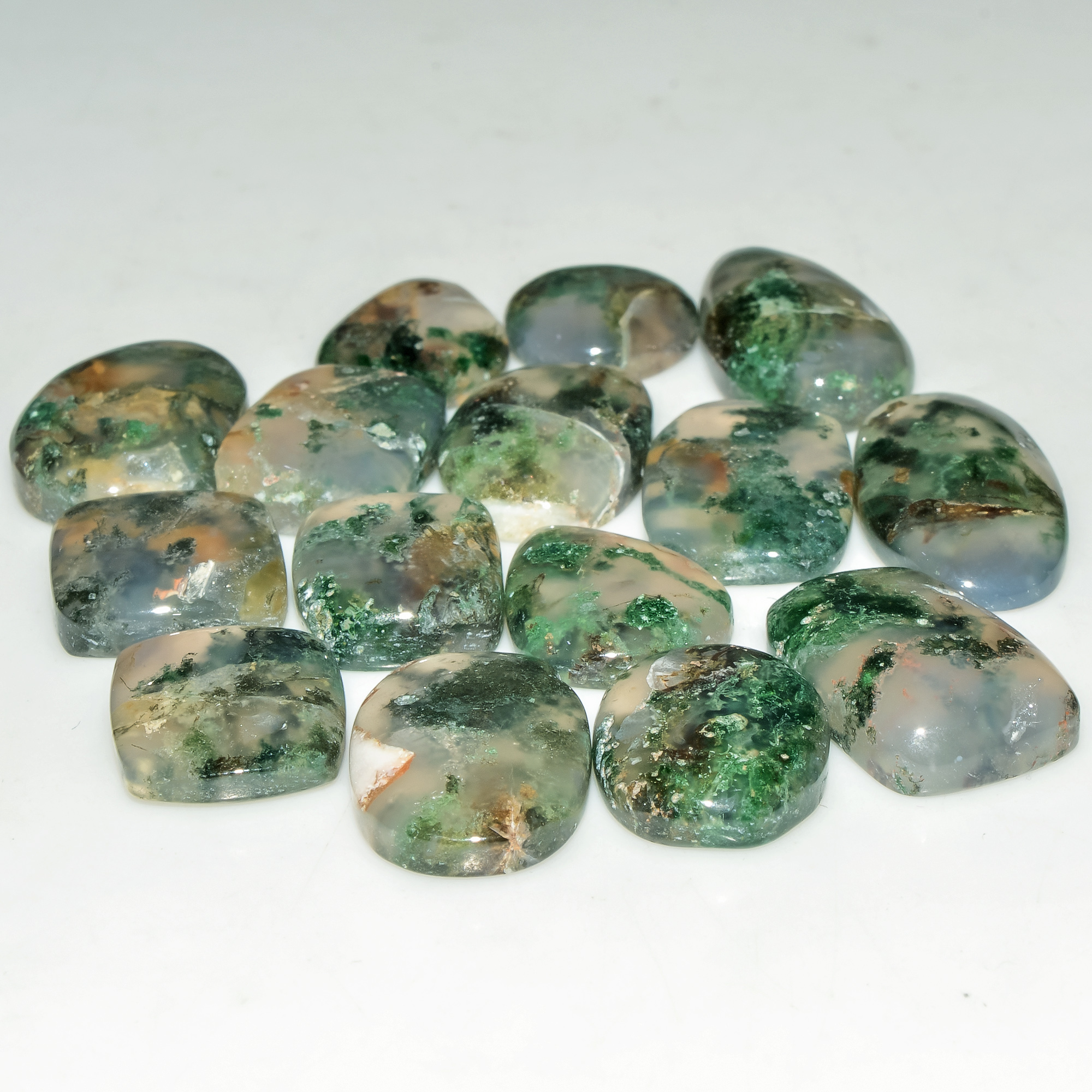 15 Pcs 133 Cts Natural Green Moss Agate Cabochon Loose Gemstone Lot For Jewelry 23x12 11x11mm 18131