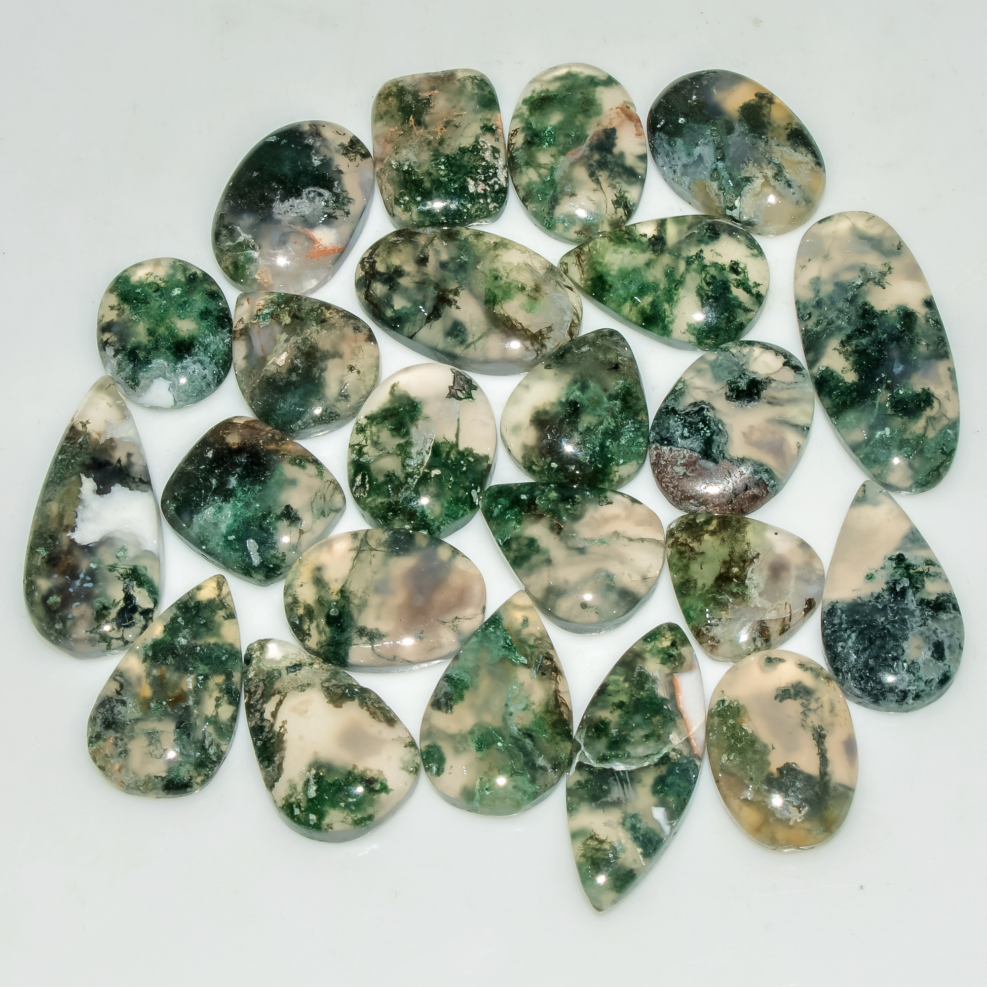 23 Pcs 164 Cts Natural Green Moss Agate Cabochon Loose Gemstone Lot For Jewelry 25x11 13x11mm 18132