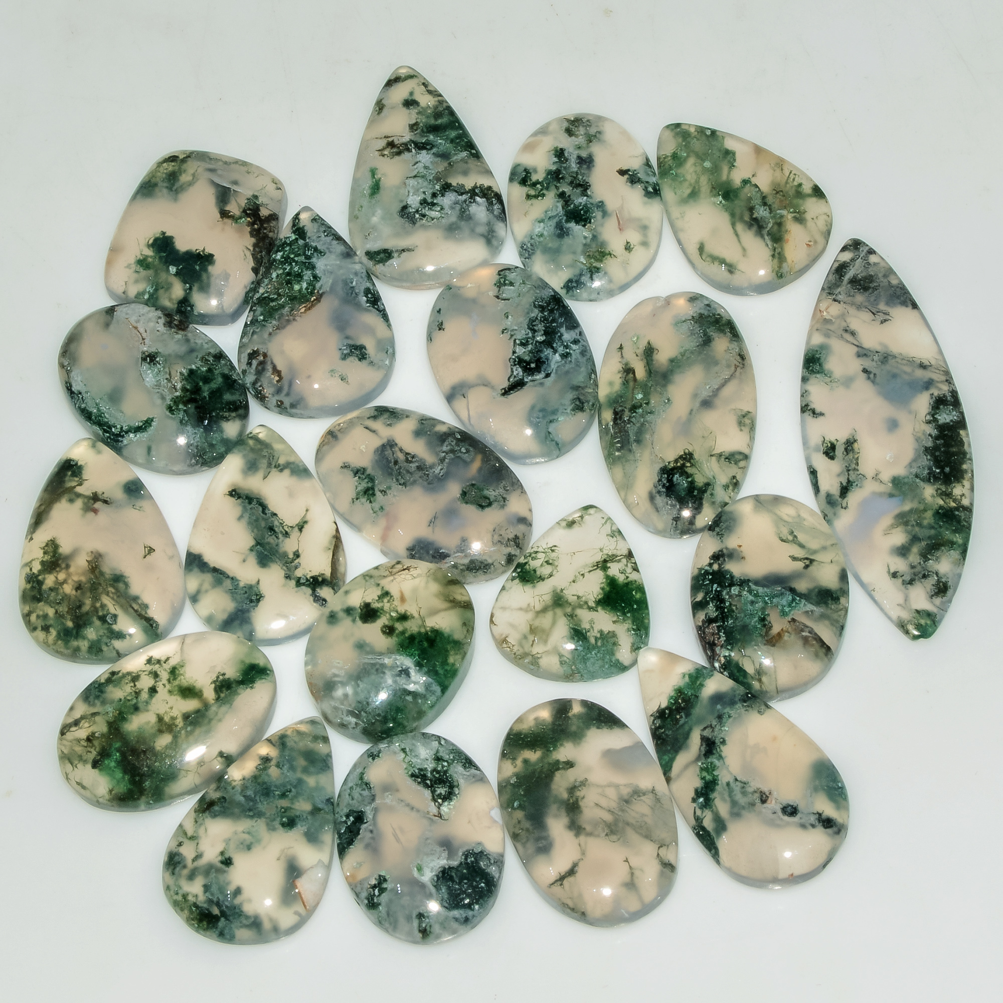 20 Pcs 150 Cts Natural Green Moss Agate Cabochon Loose Gemstone Lot For Jewelry 35x12 14x11mm 18133