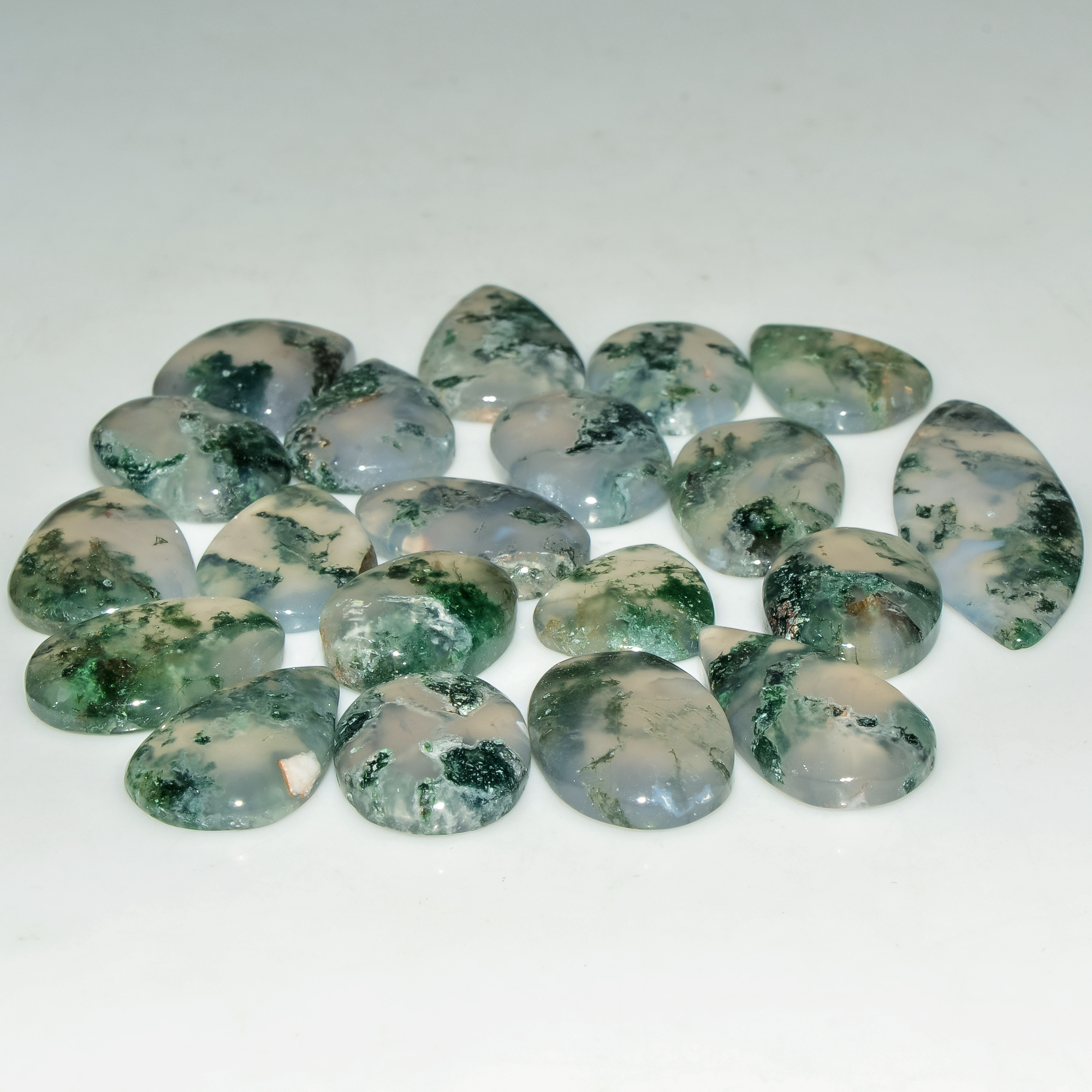20 Pcs 150 Cts Natural Green Moss Agate Cabochon Loose Gemstone Lot For Jewelry 35x12 14x11mm 18133