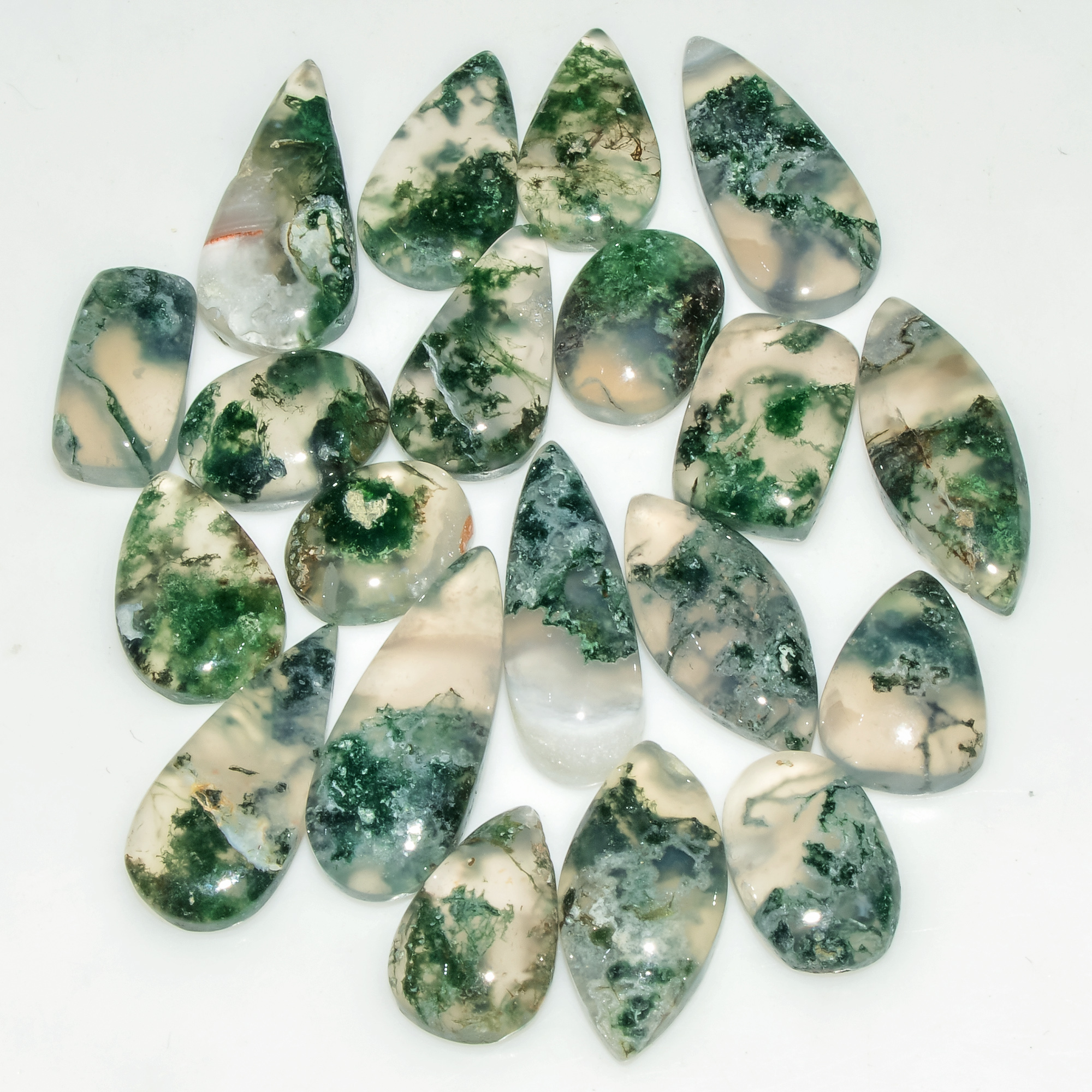 20 Pcs 83 Cts Natural Green Moss Agate Cabochon Loose Gemstone Lot For Jewelry 20x8 11x10mm 18134