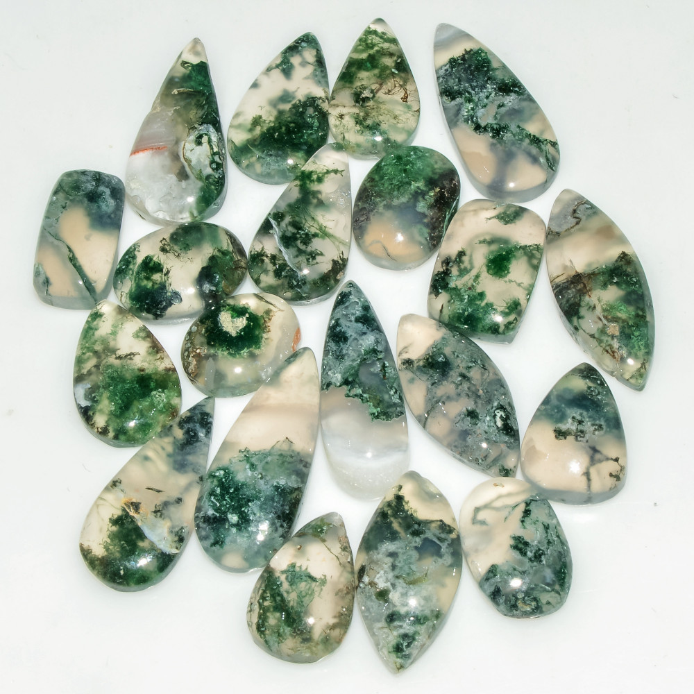 Image of 20 Pcs 83 Cts Natural Green Moss Agate Cabochon Loose Gemstone Lot For Jewelry 20x8 11x10mm #18134