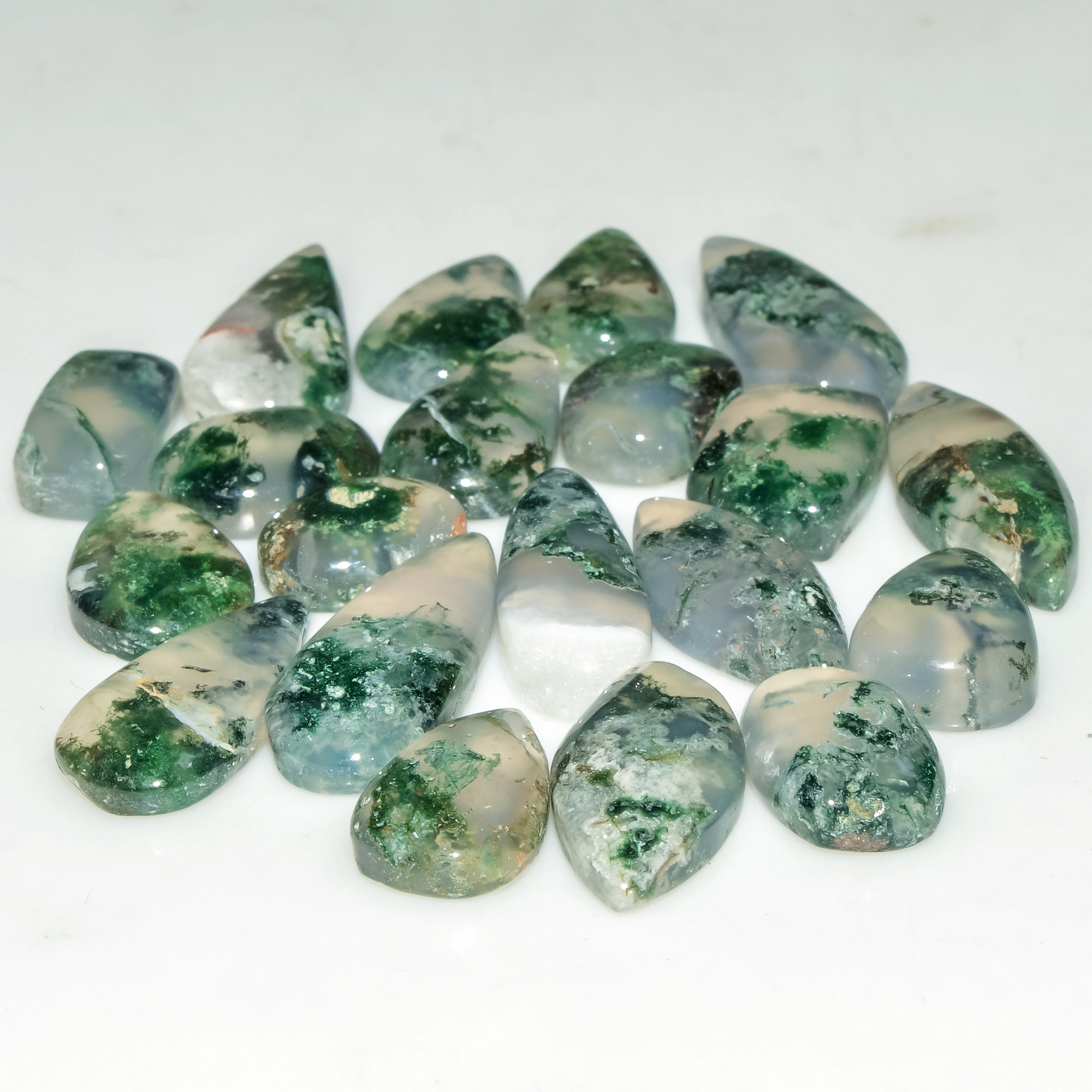 20 Pcs 83 Cts Natural Green Moss Agate Cabochon Loose Gemstone Lot For Jewelry 20x8 11x10mm 18134
