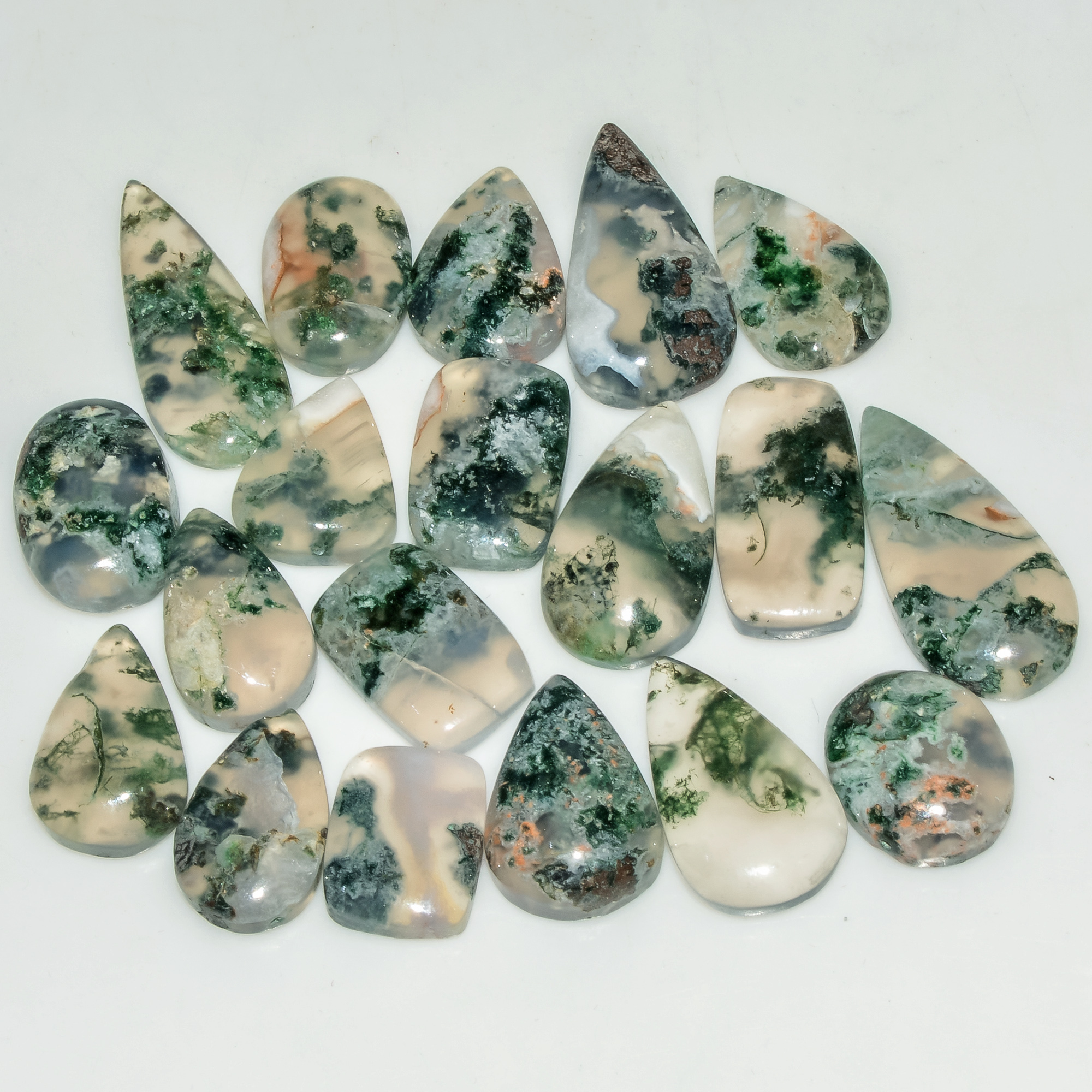 19 Pcs 135 Cts Natural Green Moss Agate Cabochon Loose Gemstone Lot For Jewelry 24x10 12x10mm 18135