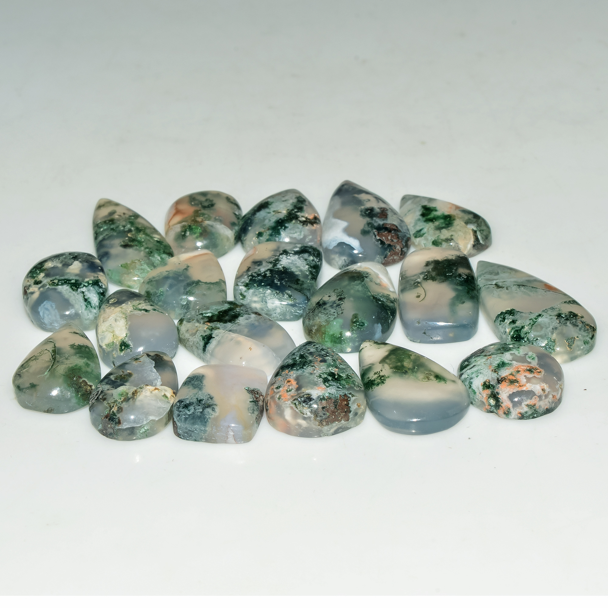 19 Pcs 135 Cts Natural Green Moss Agate Cabochon Loose Gemstone Lot For Jewelry 24x10 12x10mm 18135