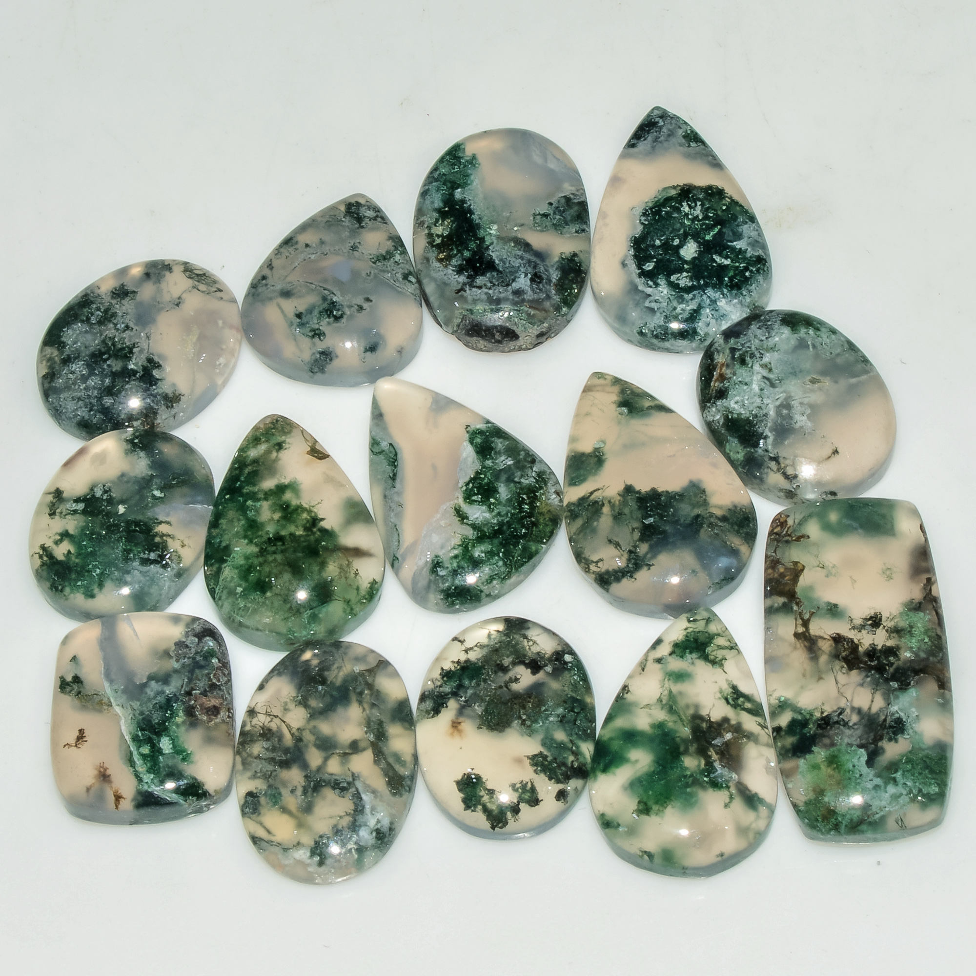 14 Pcs 120 Cts Natural Green Moss Agate Cabochon Loose Gemstone Lot For Jewelry 25x12 15x12mm 18136