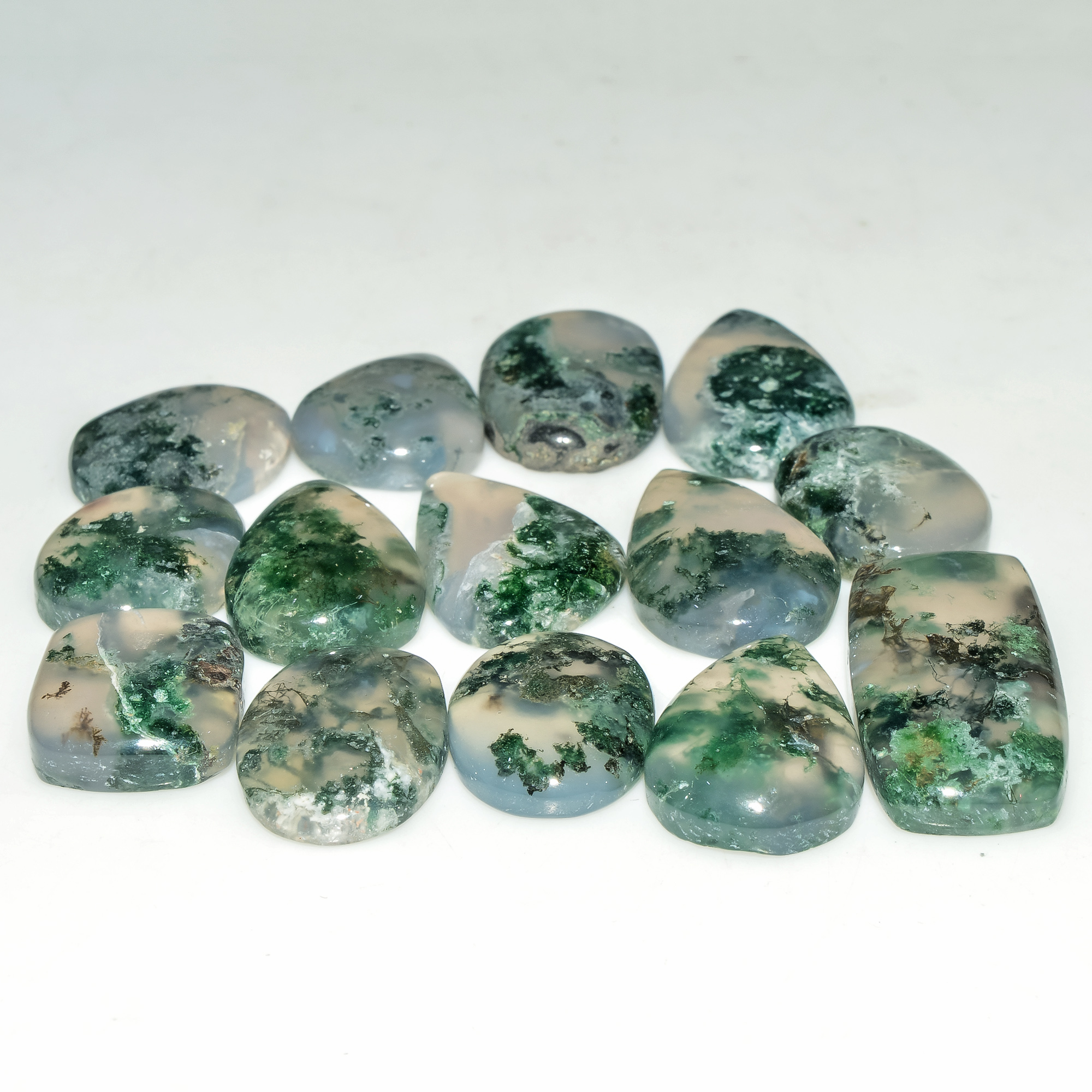 14 Pcs 120 Cts Natural Green Moss Agate Cabochon Loose Gemstone Lot For Jewelry 25x12 15x12mm 18136