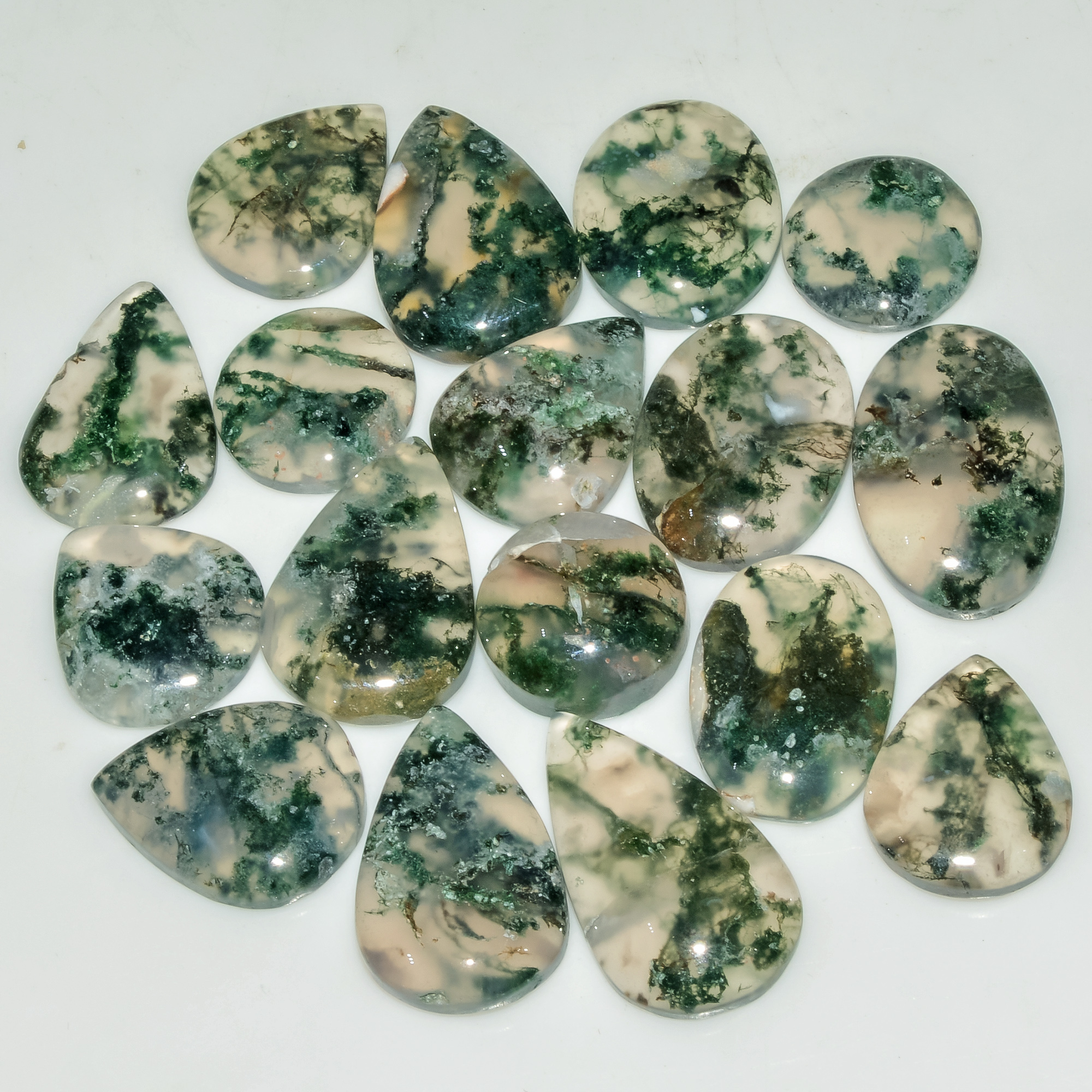 17 Pcs 144 Cts Natural Green Moss Agate Cabochon Loose Gemstone Lot For Jewelry 22x13 12x12mm 18137