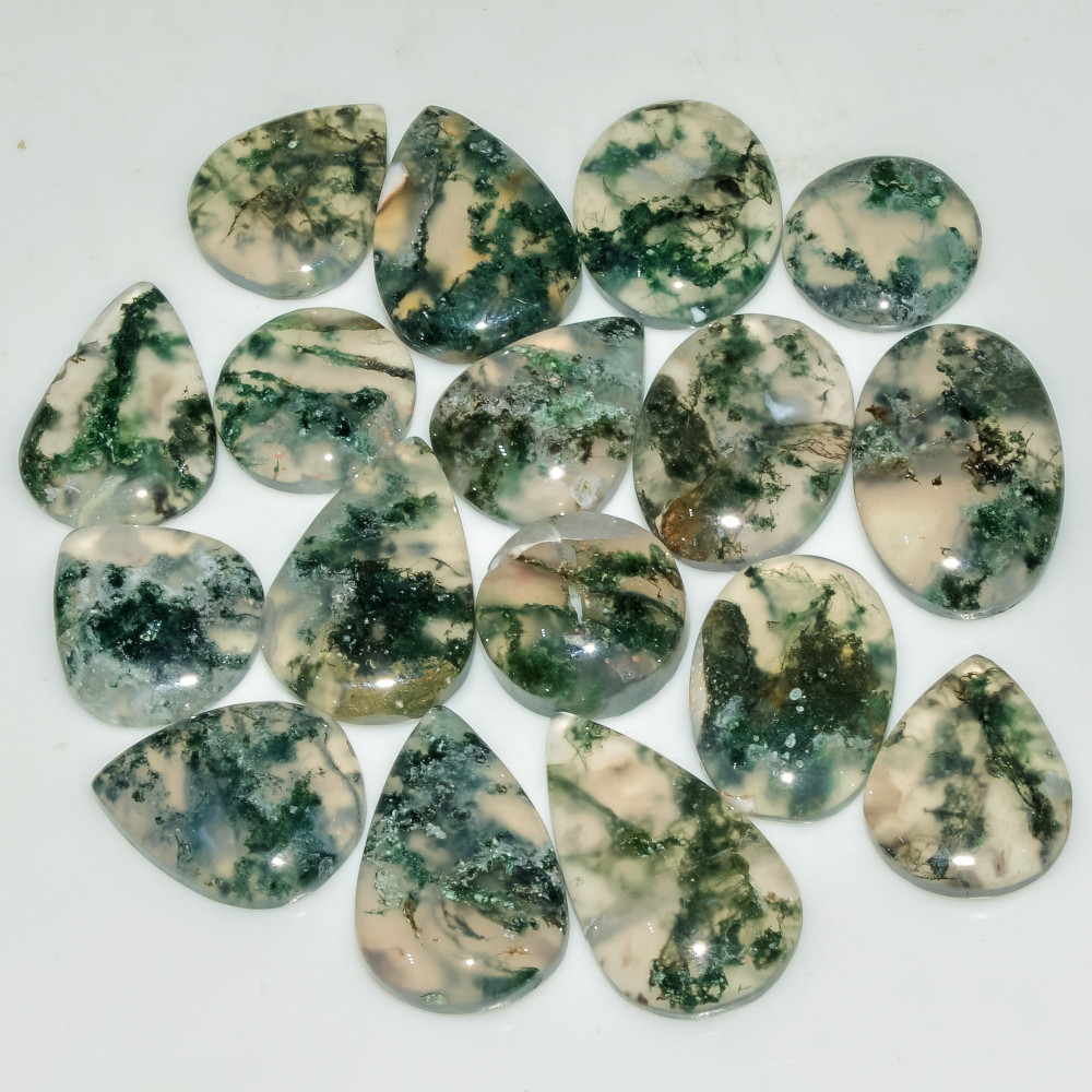 Image of 17 Pcs 144 Cts Natural Green Moss Agate Cabochon Loose Gemstone Lot For Jewelry 22x13 12x12mm #18137