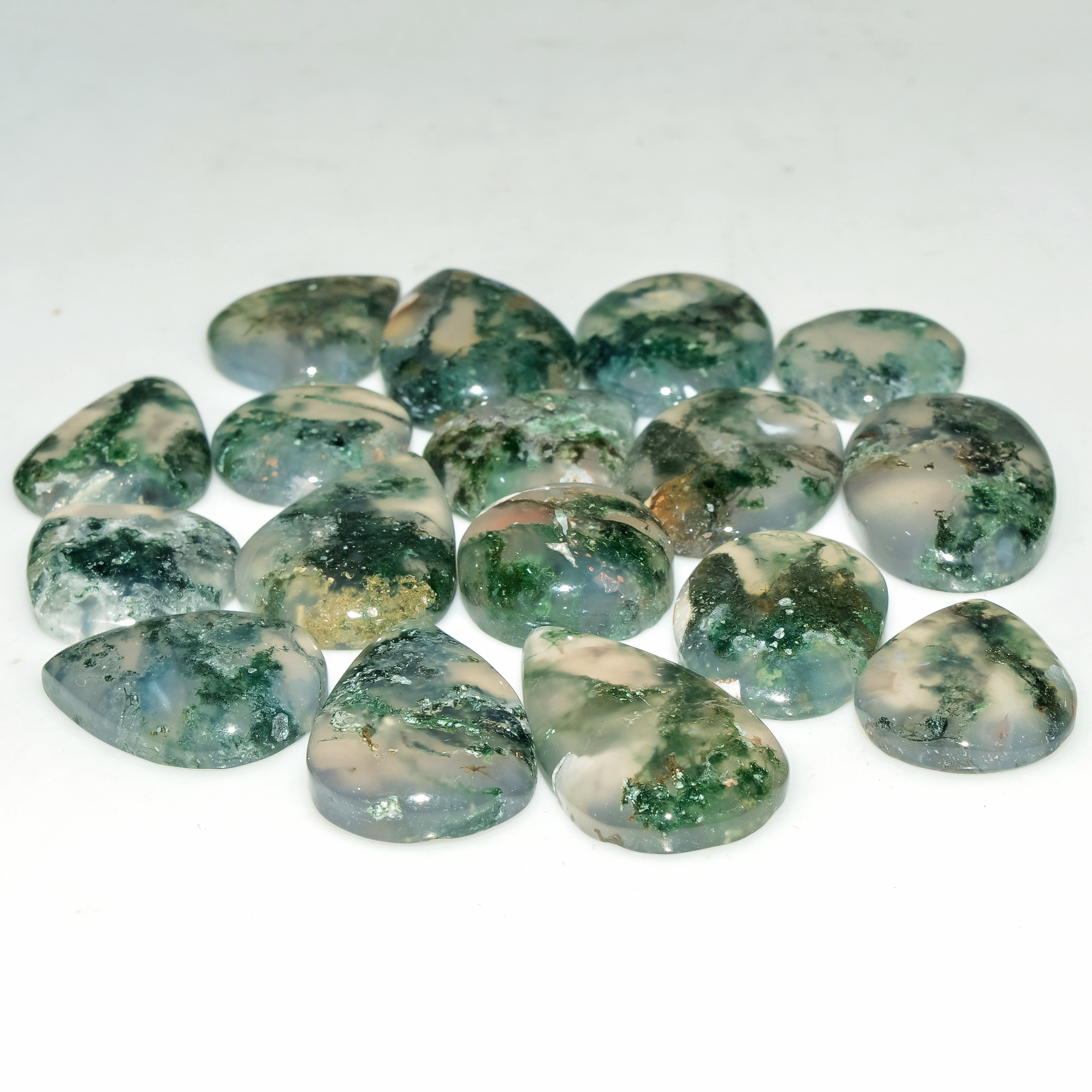 17 Pcs 144 Cts Natural Green Moss Agate Cabochon Loose Gemstone Lot For Jewelry 22x13 12x12mm 18137
