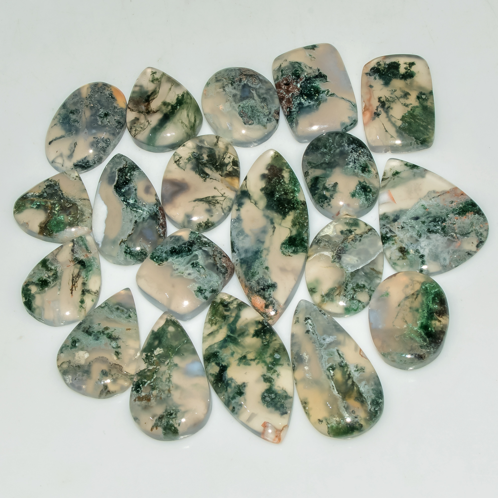 19 Pcs 166 Cts Natural Green Moss Agate Cabochon Loose Gemstone Lot For Jewelry 32X12 13X13mm 18138