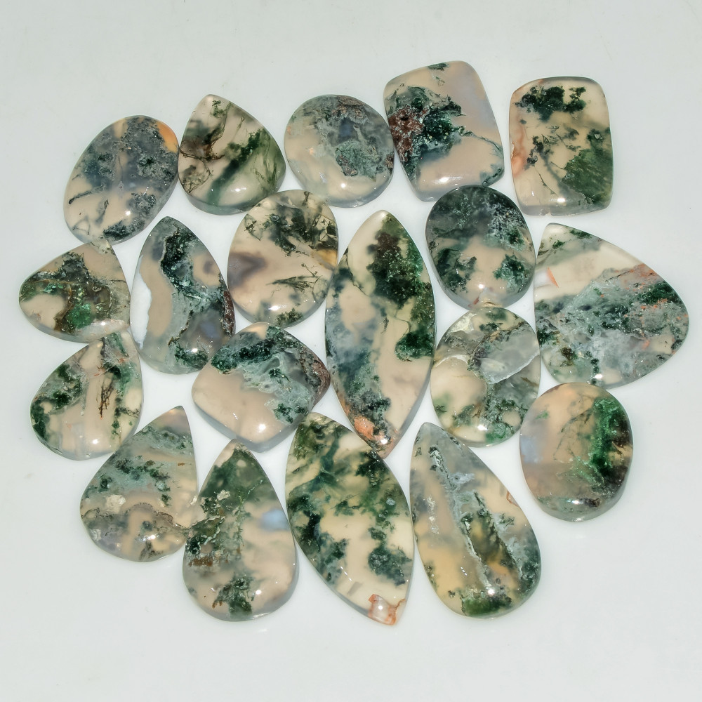 Image of 19 Pcs 166 Cts Natural Green Moss Agate Cabochon Loose Gemstone Lot For Jewelry 32X12 13X13mm #18138