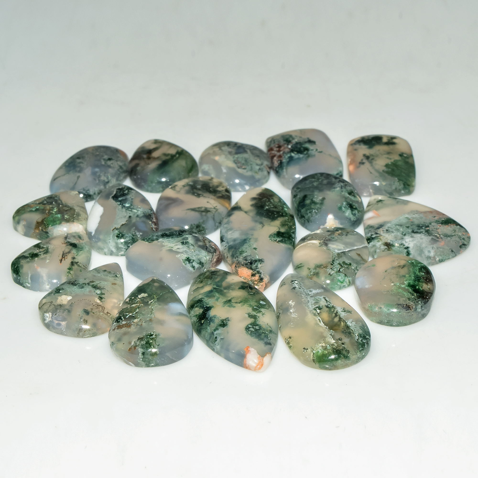 19 Pcs 166 Cts Natural Green Moss Agate Cabochon Loose Gemstone Lot For Jewelry 32X12 13X13mm 18138
