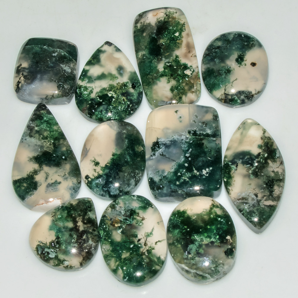 Image of 11 Pcs 130 Cts Natural Green Moss Agate Cabochon Loose Gemstone Lot For Jewelry 20X15 15X13mm #18139
