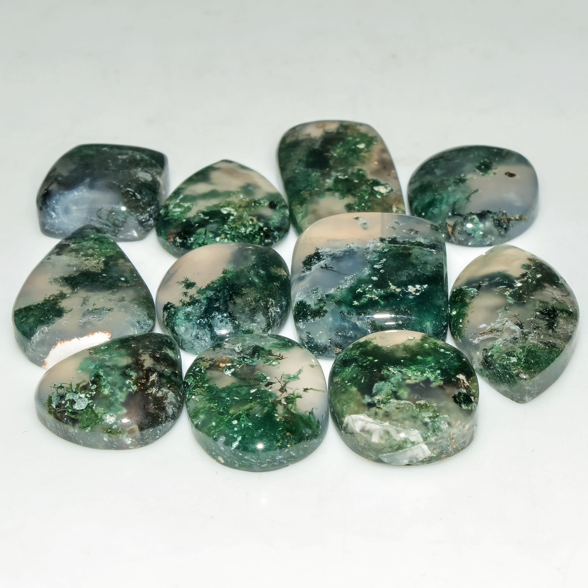 11 Pcs 130 Cts Natural Green Moss Agate Cabochon Loose Gemstone Lot For Jewelry 20X15 15X13mm 18139