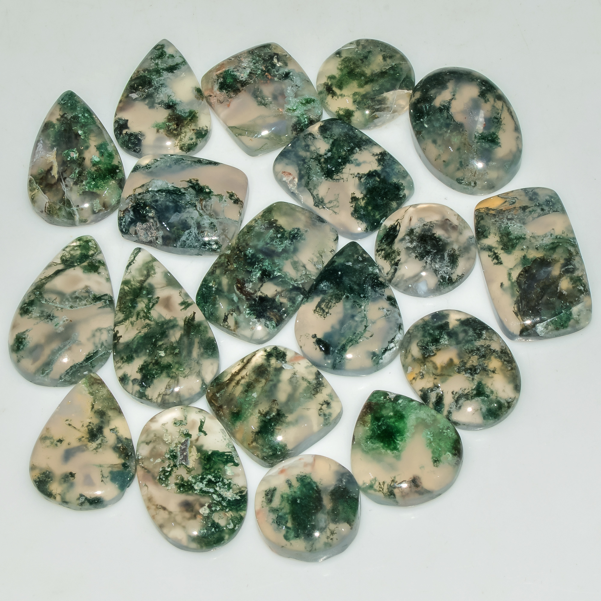 19 Pcs 177 Cts Natural Green Moss Agate Cabochon Loose Gemstone Lot For Jewelry 23X13 13X13mm 18140